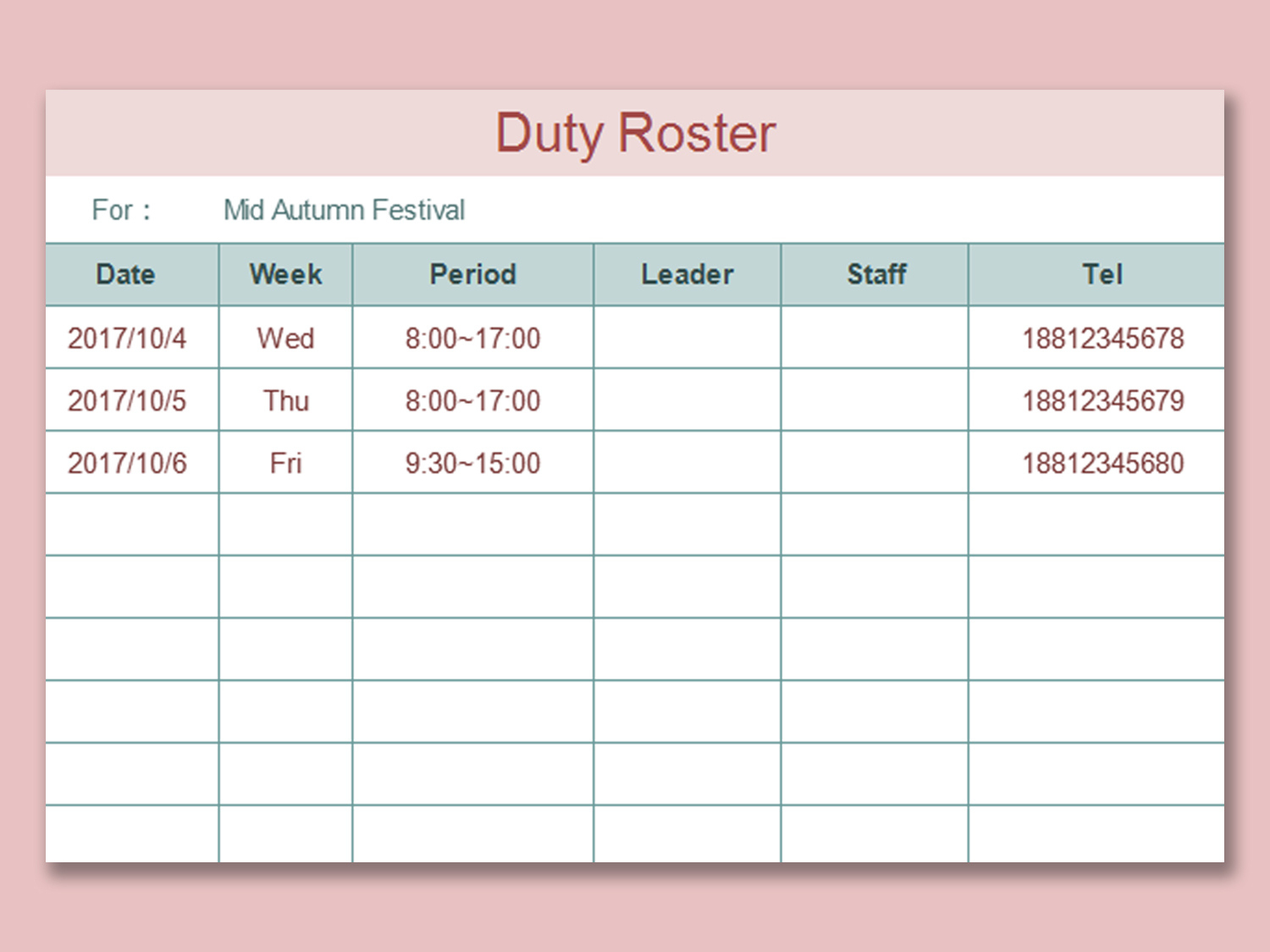 Excel Of Duty Roster Form.xlsx | Wps Free Templates with regard to Duty Roster Sample Template