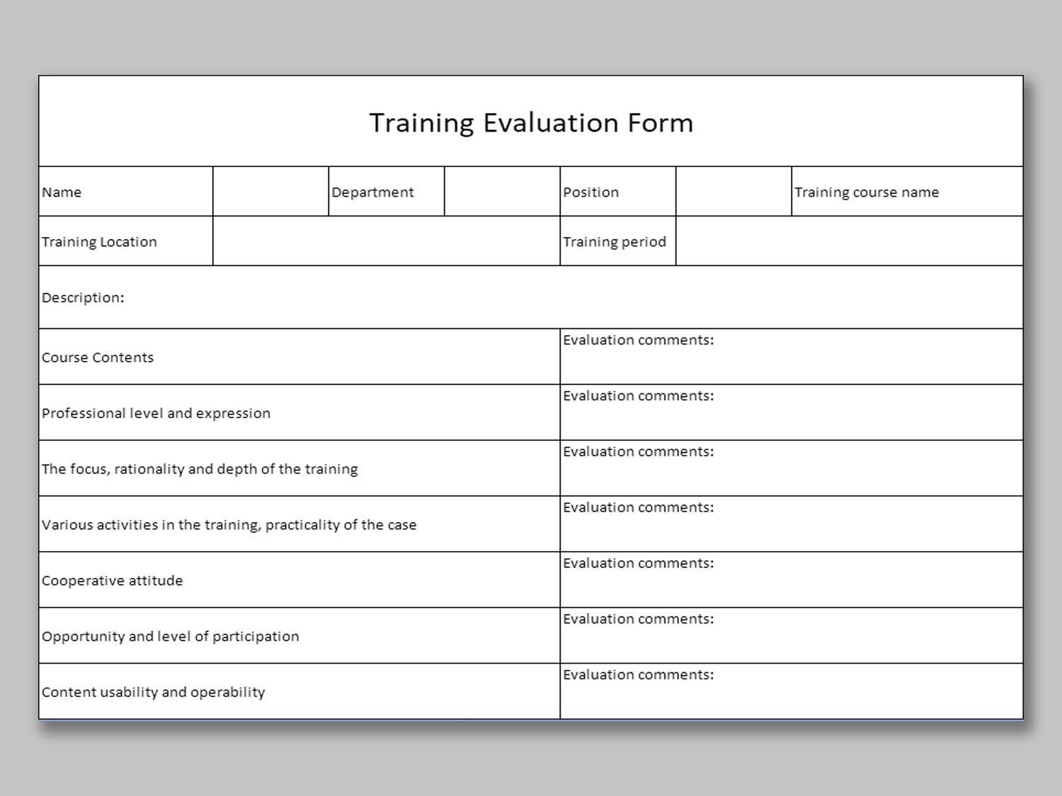 Excel Of Training Evaluation Form.xlsx | Wps Free Templates with Training Evaluation Sample Template