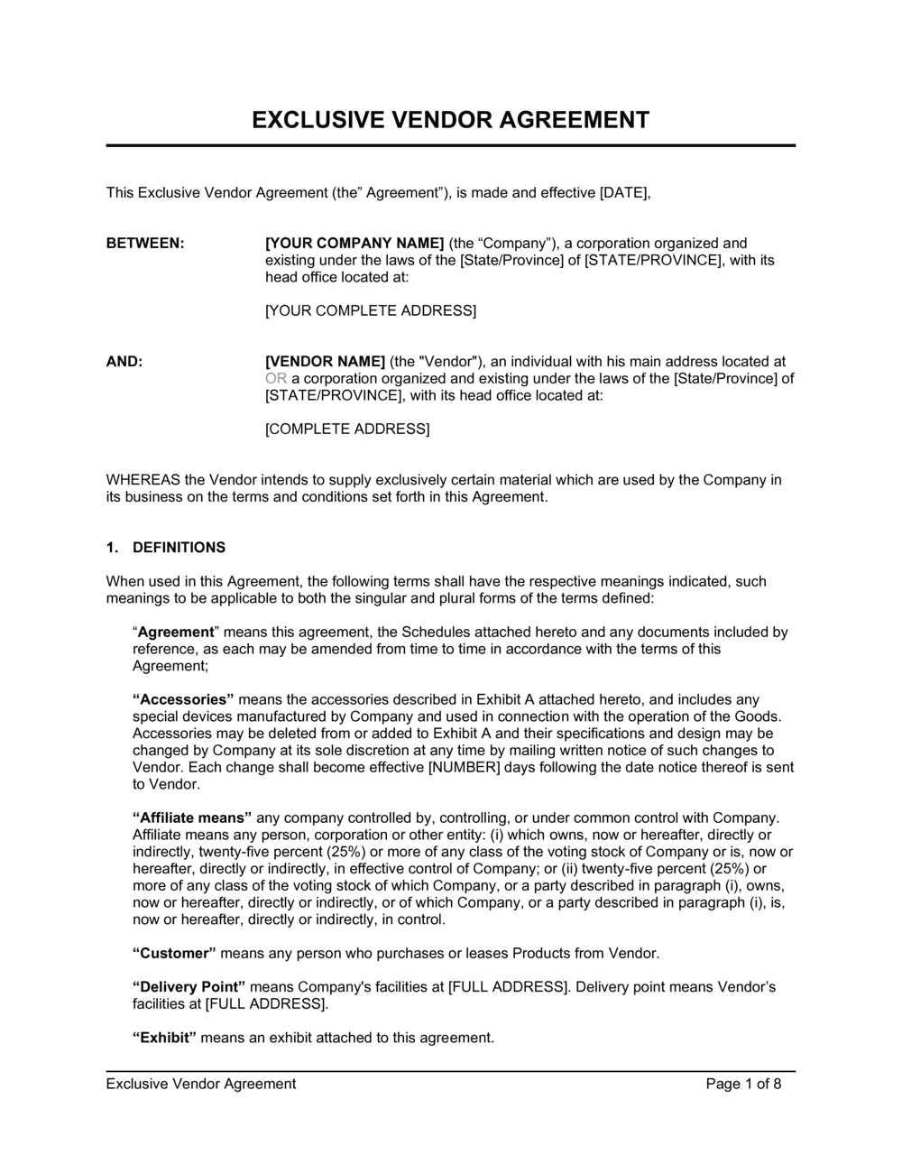 Exclusive Vendor Agreement Template 2024 [Download .Docx throughout Vendor Agreement Sample Template