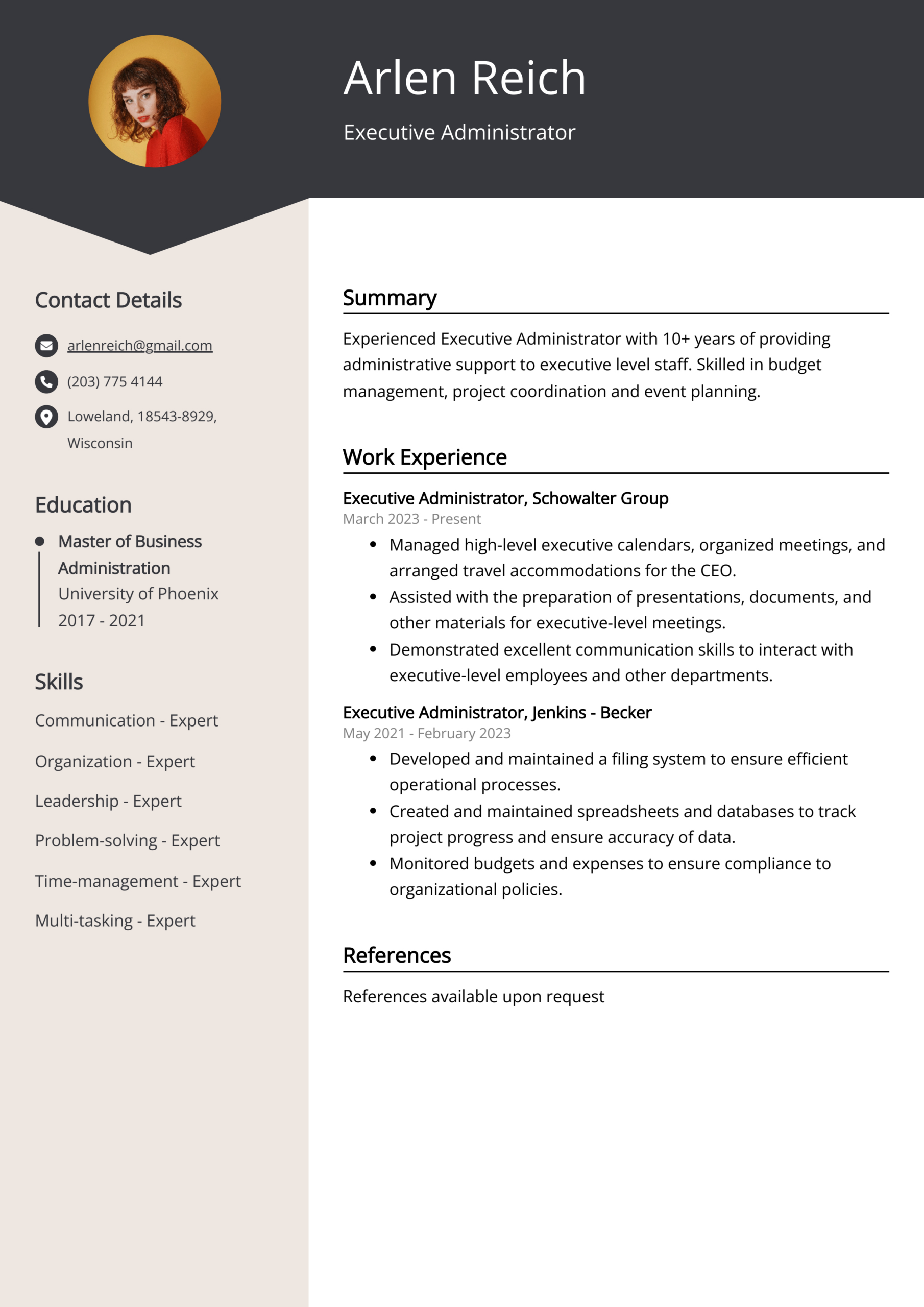 Executive Administrator Resume Example (Free Guide) for Executive Resume Template Sample