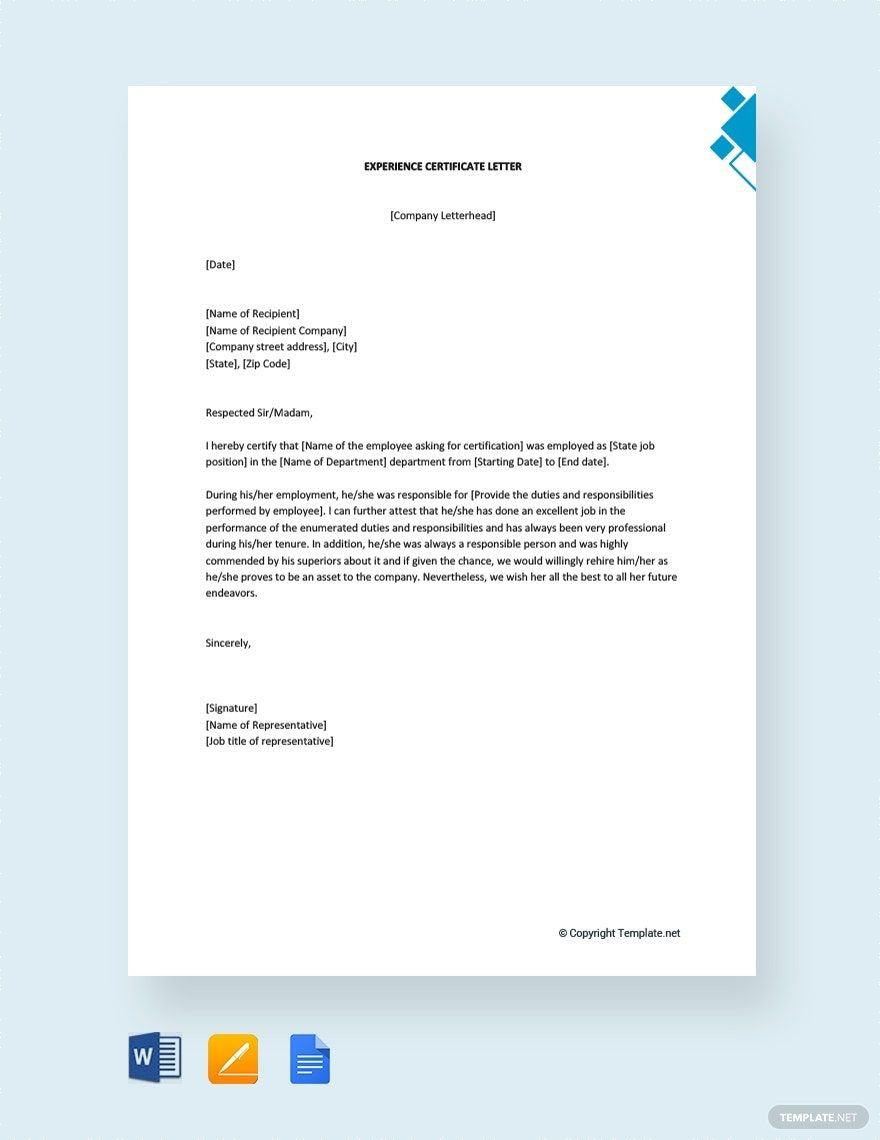 Experience Certificate Letter In Google Docs, Pages, Word, Pdf in Experience Certificate Sample Template