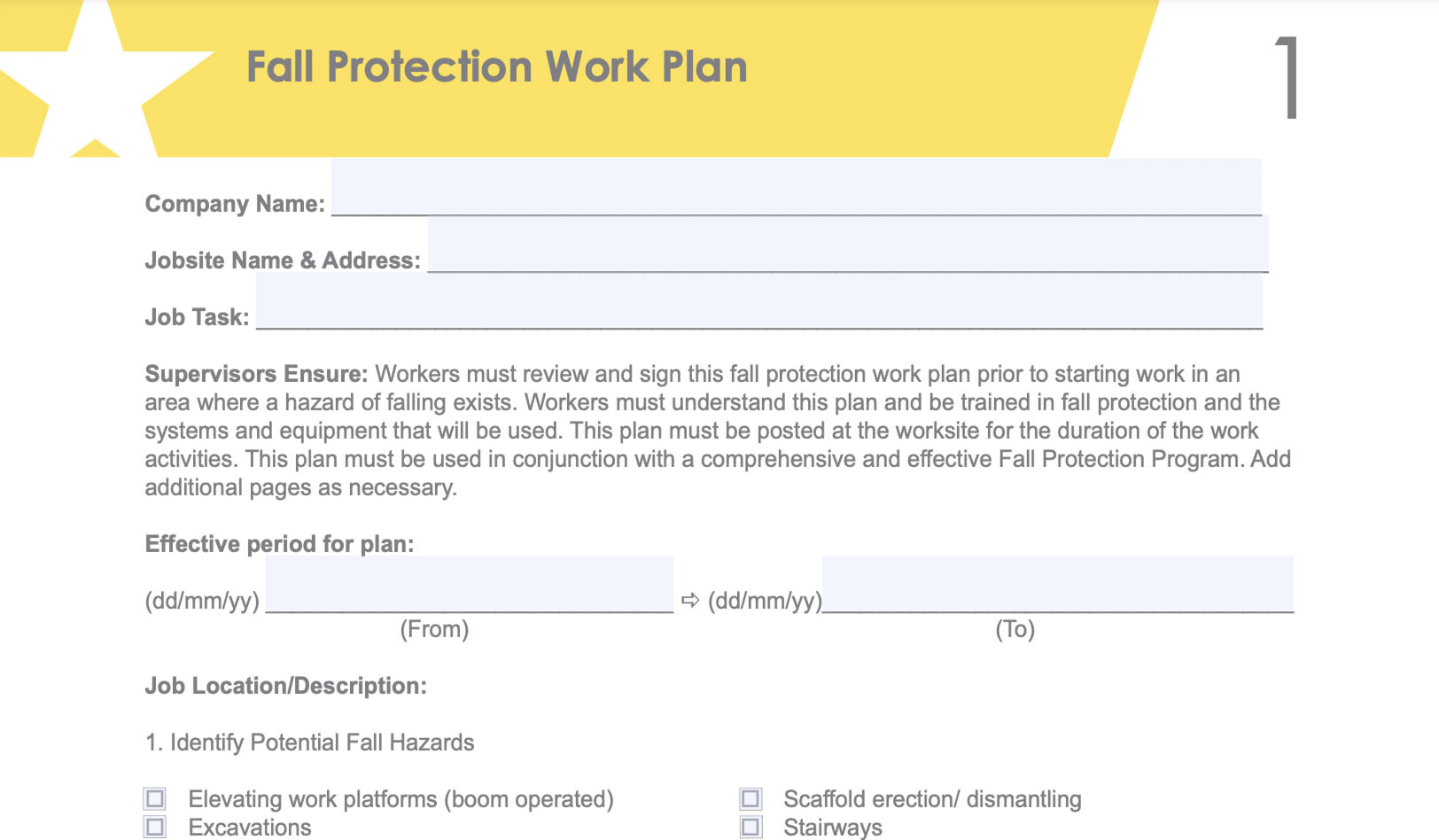 Fall Protection Work Plan Form | Actsafe Safety Association pertaining to Fall Protection Plan Sample Template