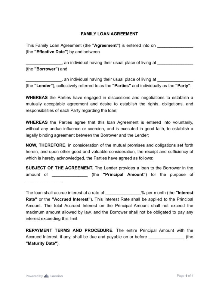 Family Loan Agreement Sample Template