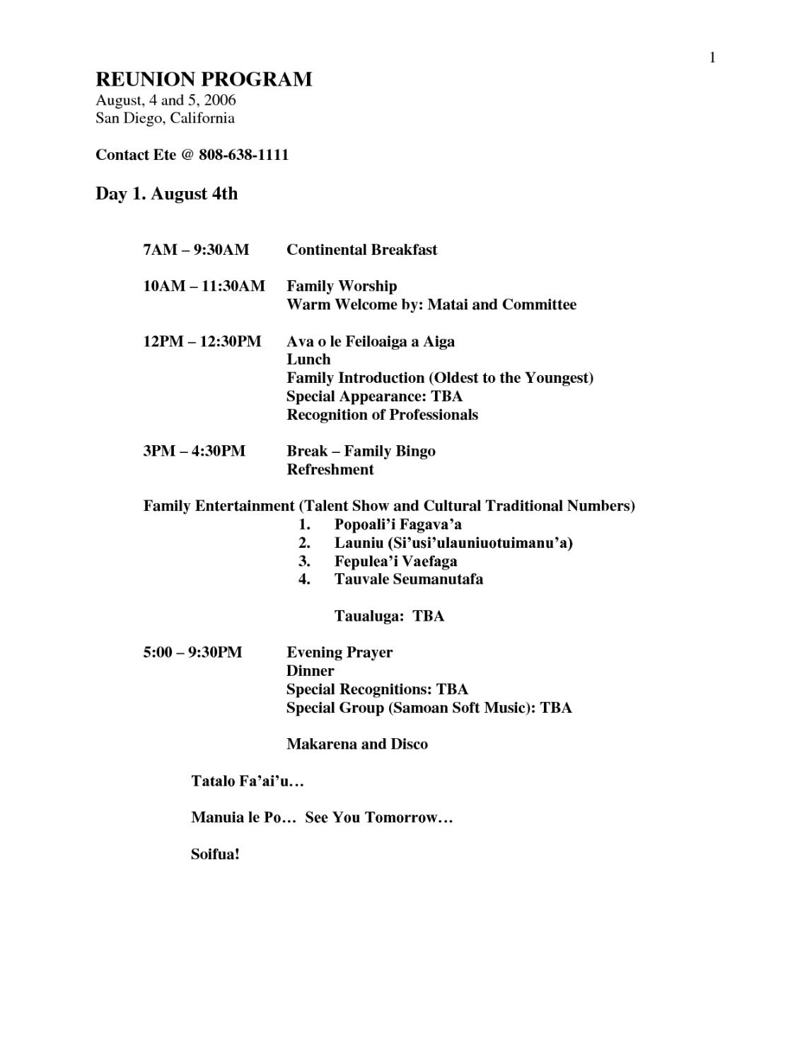 Family Reunion Agenda Template throughout Family Reunion Program Sample Templates