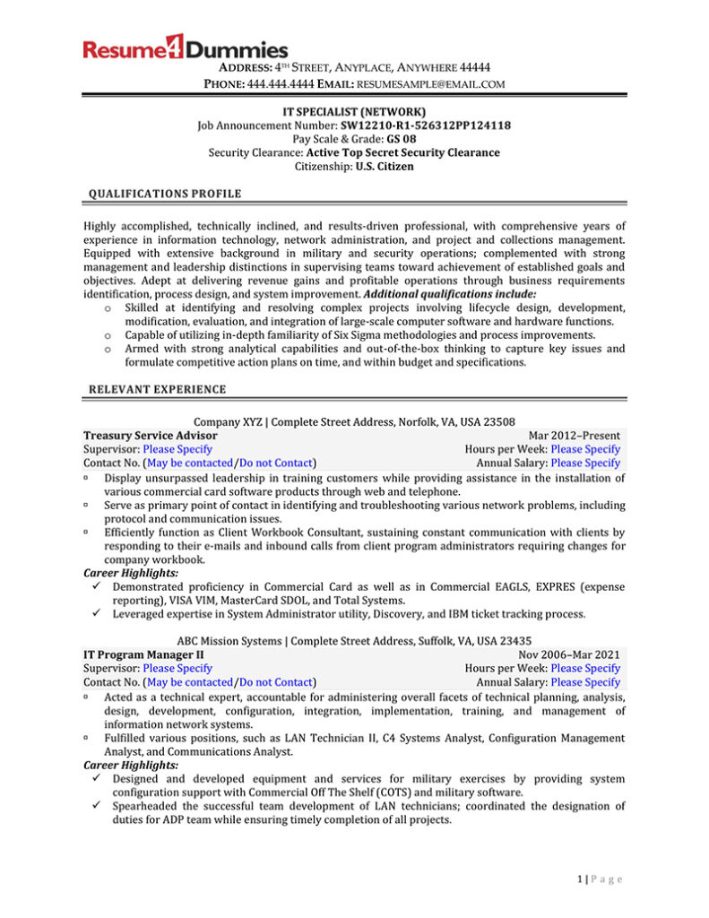 Federal Government It Specialist Resume Example | Resume4Dummies within Federal Job Resume Sample Template