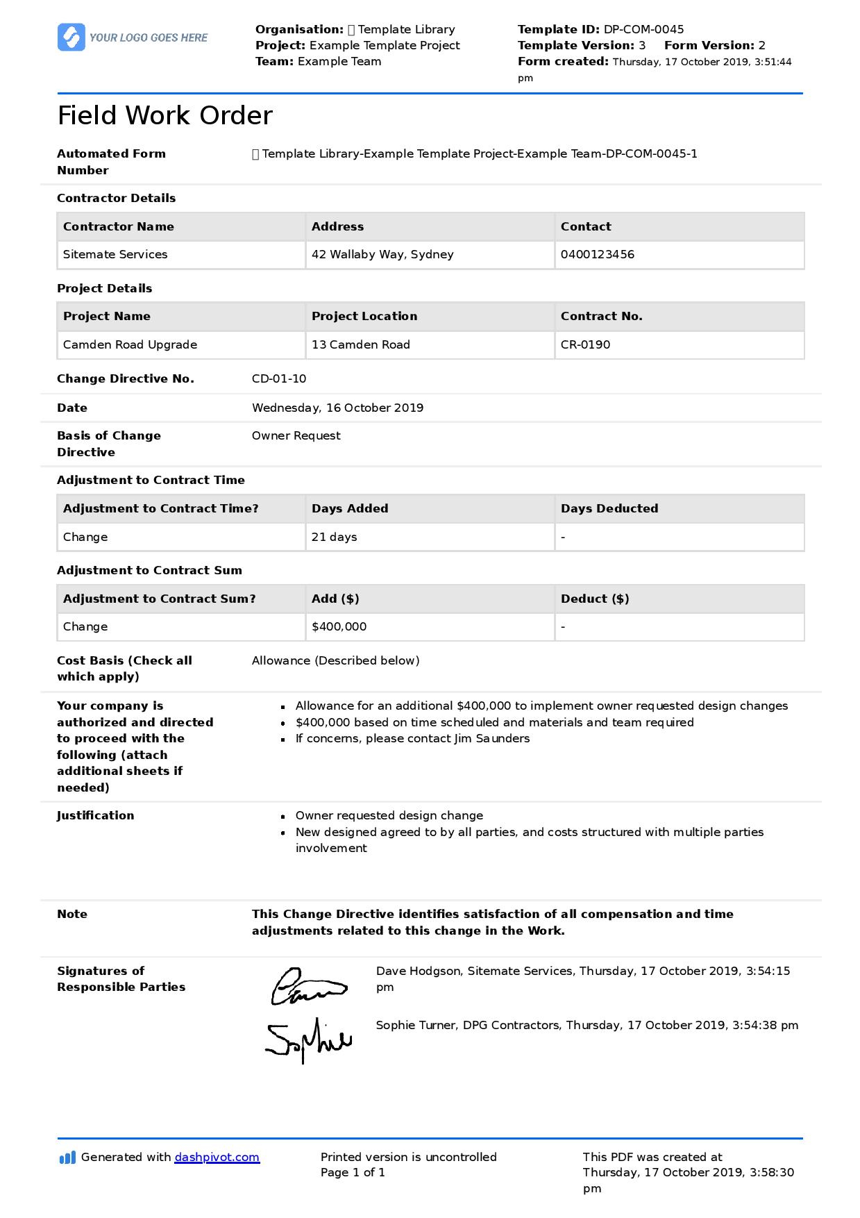 Field Work Order Form Template (Free To Use And Customise) pertaining to Form Template Sample