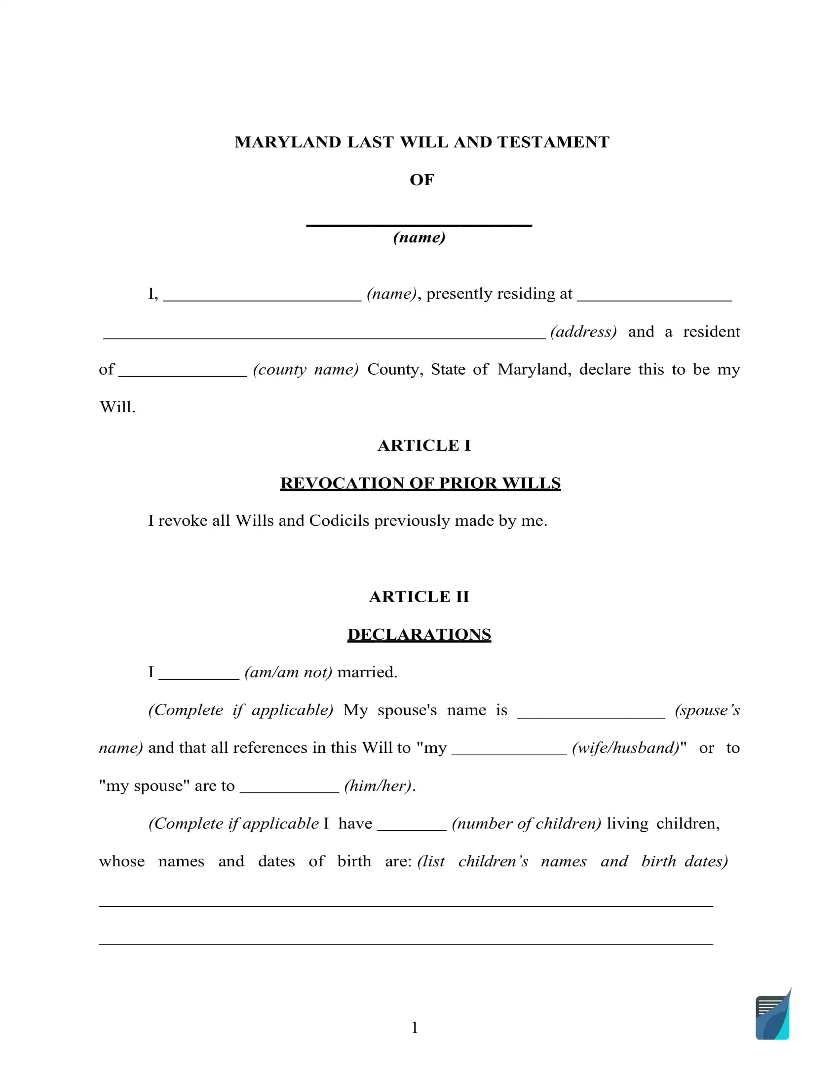 Fillable Maryland Last Will And Testament Form [Free] | Formspal intended for Last Will Template Sample