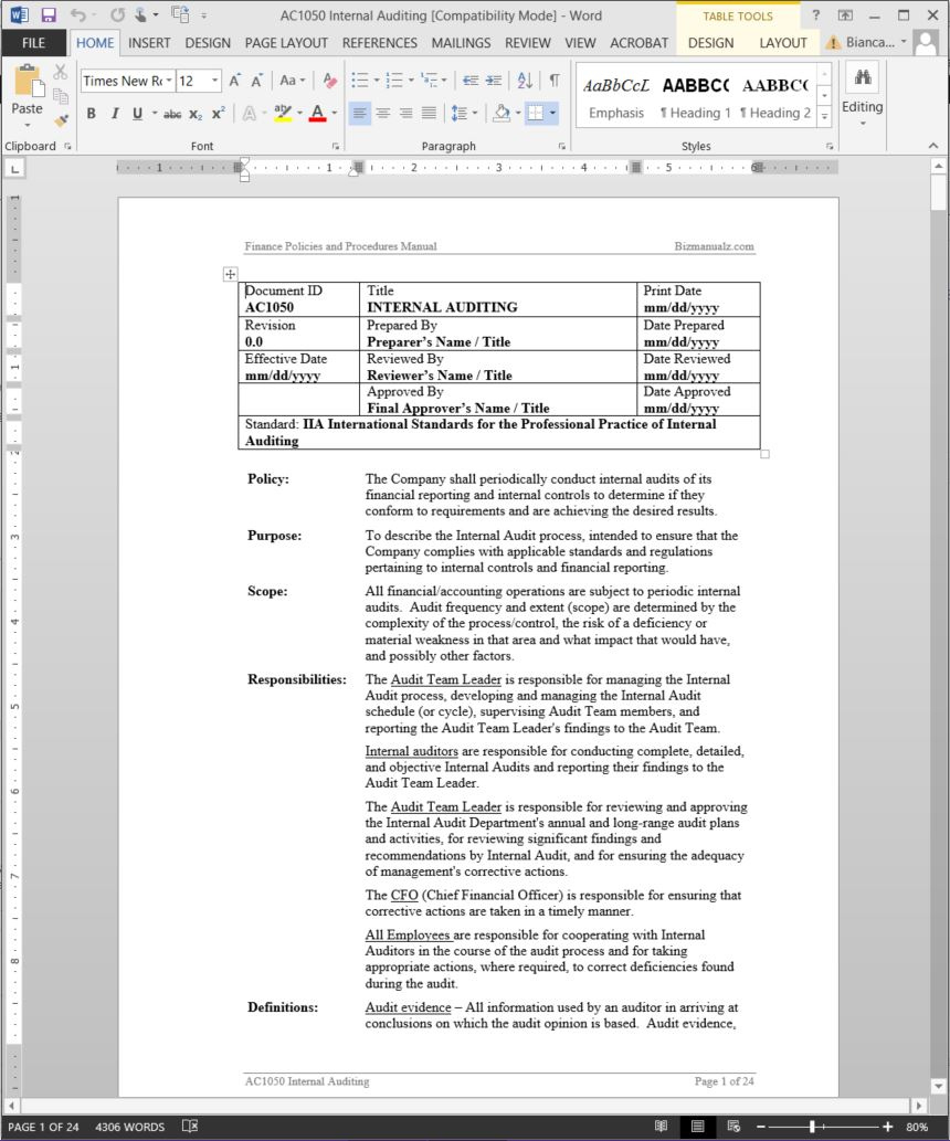 Finance Policies Procedures Manual Template Word in Sample Accounting Policies And Procedures Template