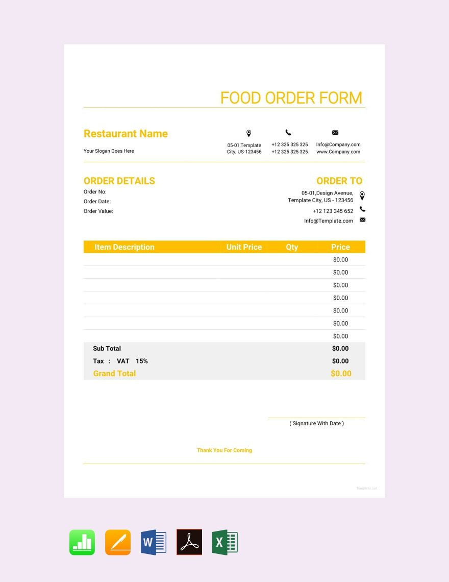 Food Order Form Template In Apple Numbers, Apple Pages, Word, Pdf in Food Order Form Sample Template