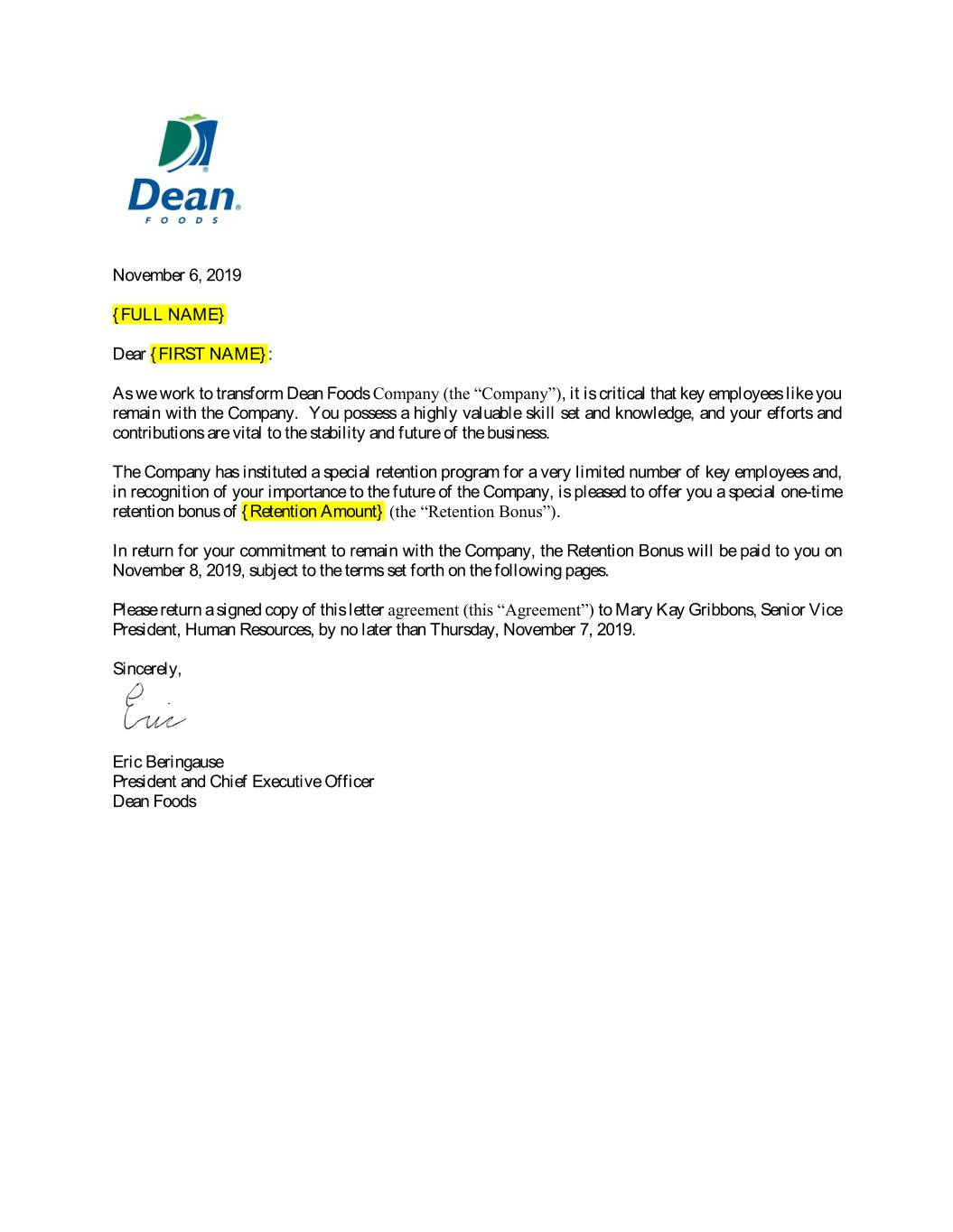 Form Of Retention Award Letter Agreement | Dean Foods Company within Retention Letter Sample Template