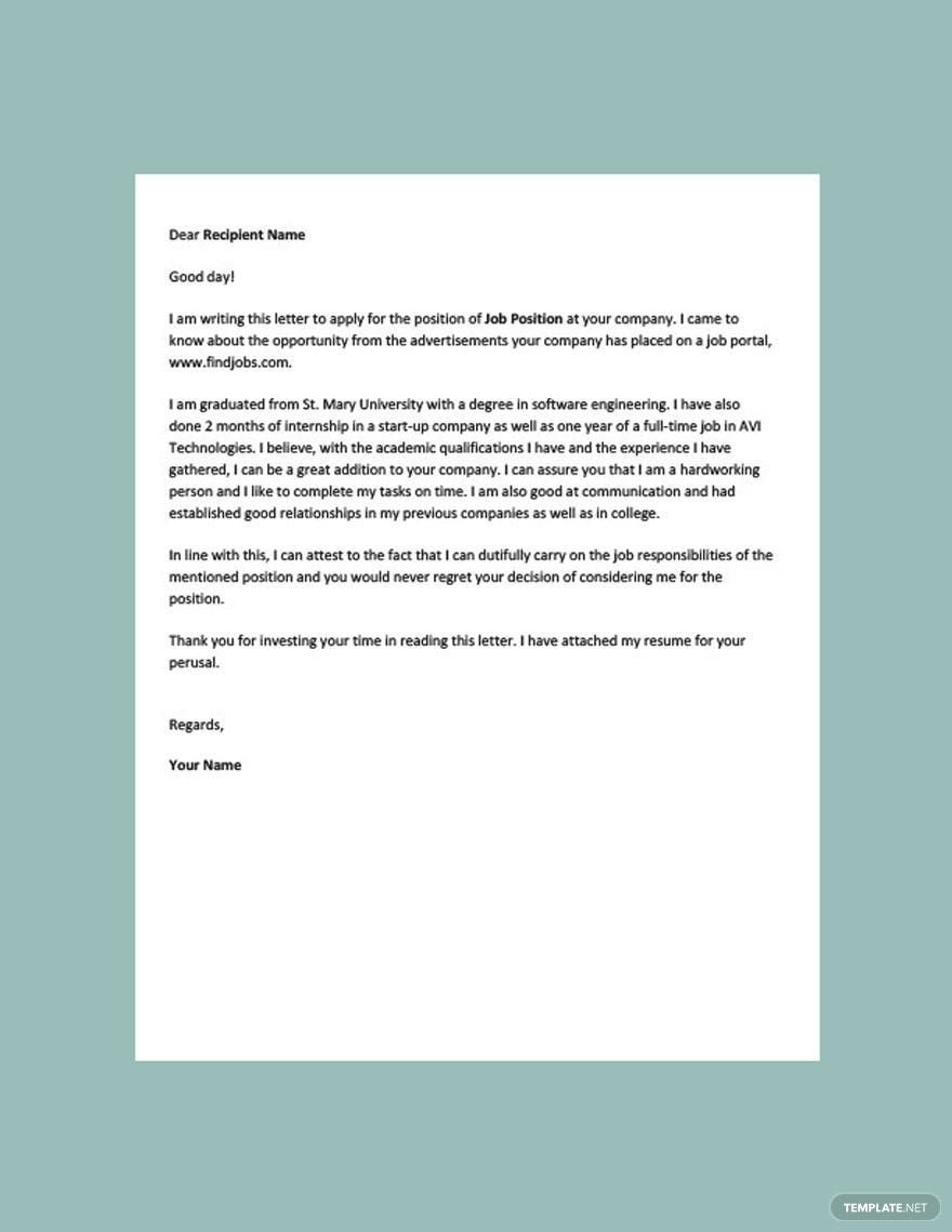 Formal Job Application Letter Template In Google Docs, Word, Pages regarding Job Writing Sample Template