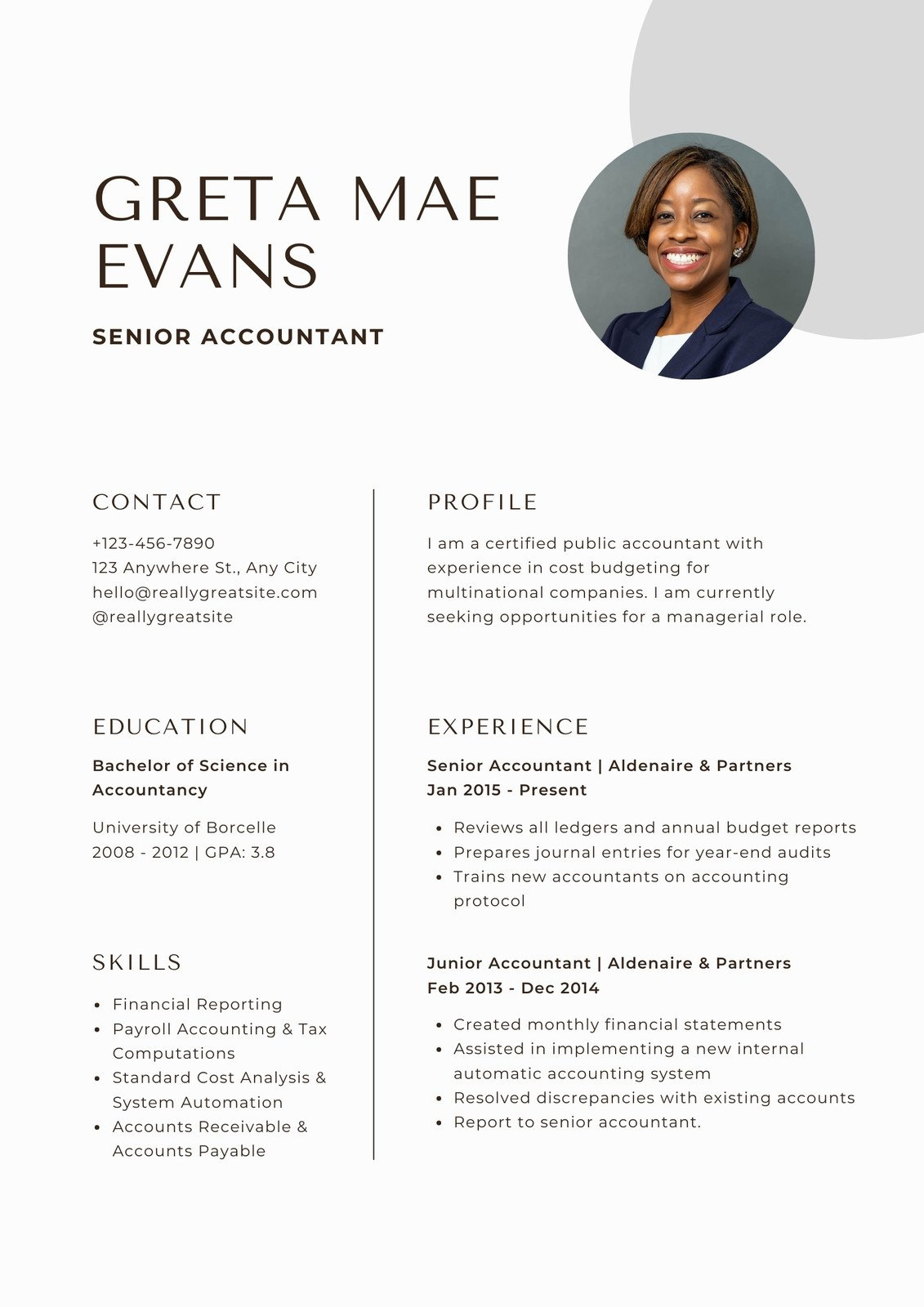 Free Accounting Resume Templates To Edit And Print | Canva inside Accountant CV Template Sample