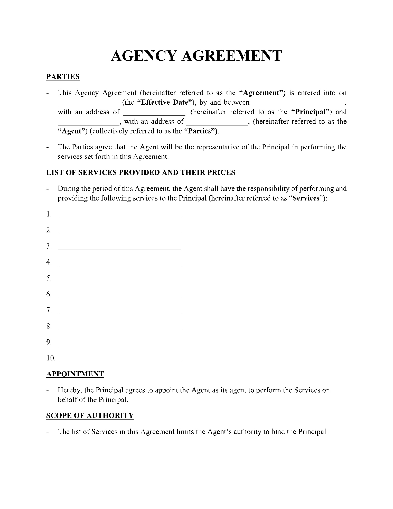 Free Agency Agreement Template (2021 Updated) throughout Agency Agreement Template Sample