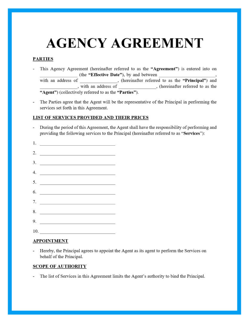 Free Agency Agreement Template For Download intended for Agency Agreement Template Sample