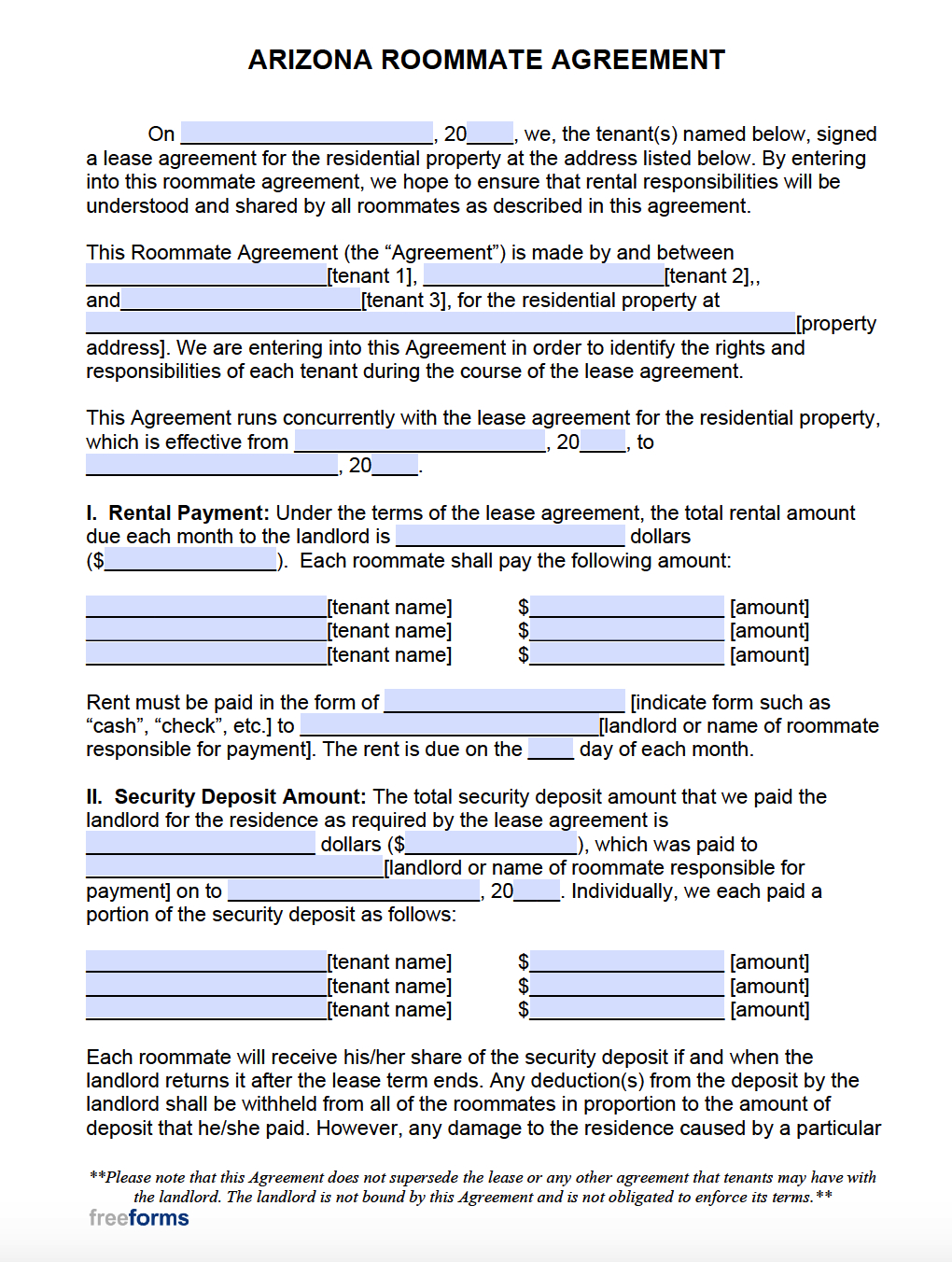 Free Arizona Roommate Agreement Template | Pdf | Word with regard to Roommate Agreement Sample Template