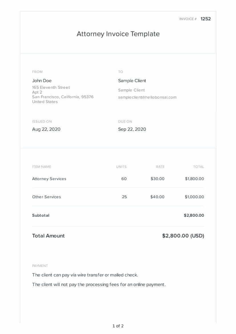 Free Attorney Invoice Template (Free - 2024 Updated) - Bonsai inside Sample Attorney Invoice Template