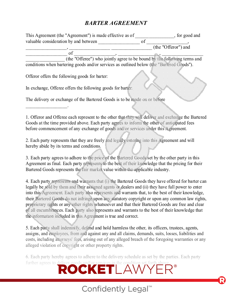 Free Barter Agreement: Make, Sign &amp;amp; Download - Rocket Lawyer with regard to Sample Barter Agreement Template