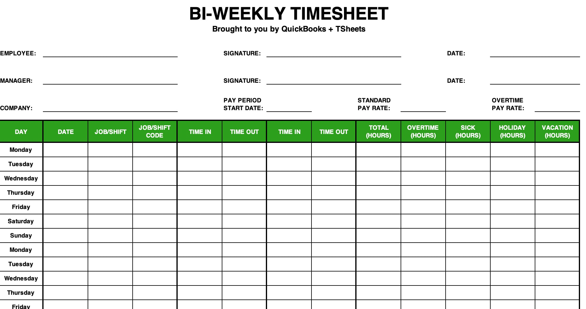 Free Bi-Weekly Timesheet Template | Quickbooks Canada intended for Employee Timesheet Sample Template