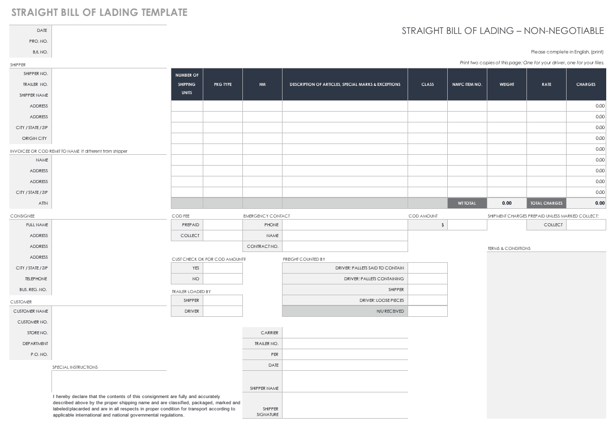 Free Bill Of Lading Templates | Smartsheet for Bol Sample Template