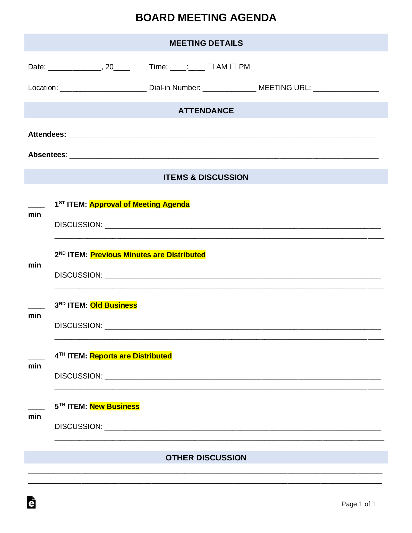 Free Board Meeting Agenda Template - Pdf | Word – Eforms in Board Meeting Agenda Template Sample