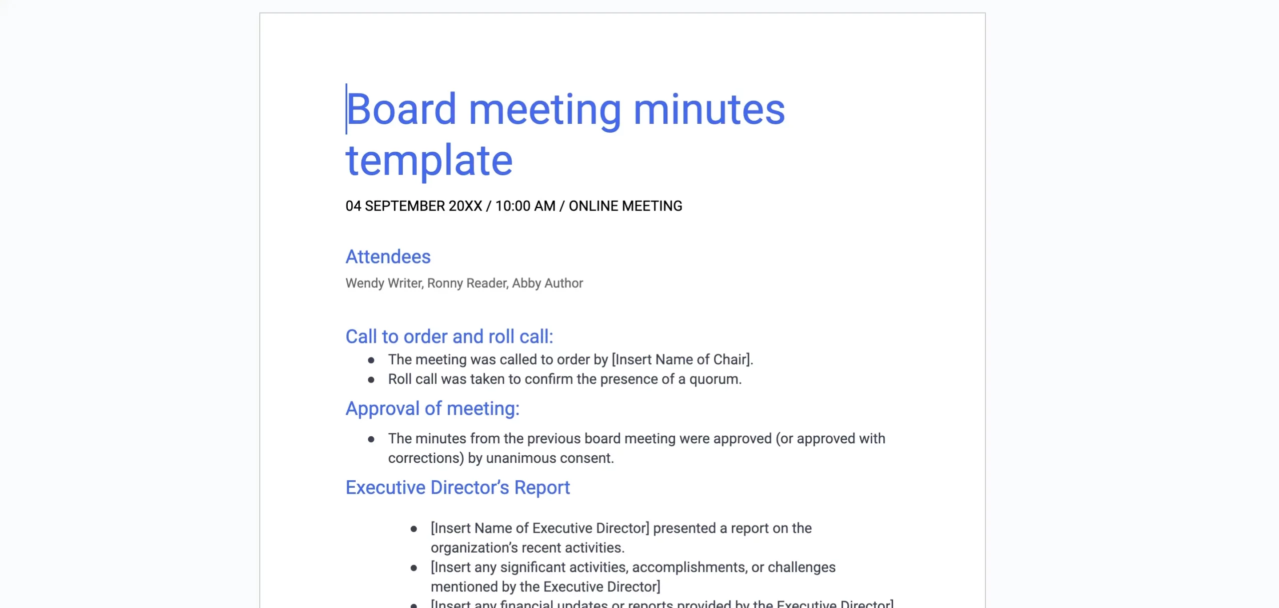 Free Board Meeting Minutes Template intended for Board Meeting Minutes Template Sample