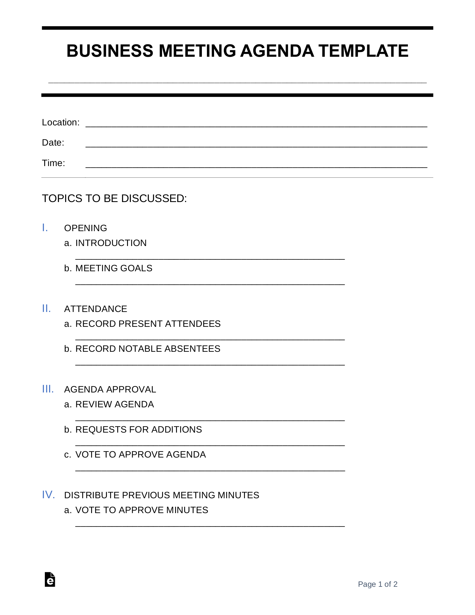 Free Business Meeting Agenda Template - Pdf | Word – Eforms pertaining to Business Meeting Agenda Template Sample