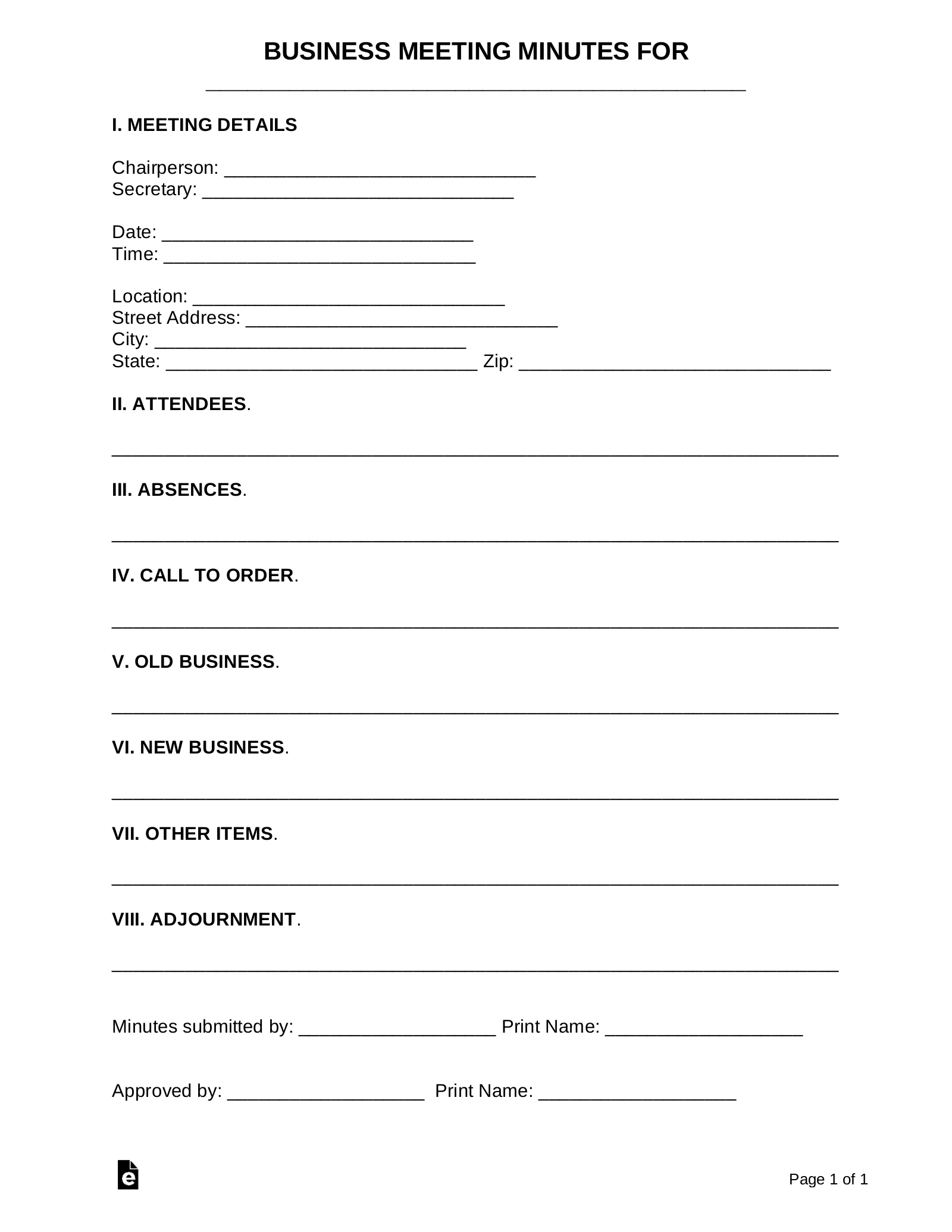 Free Business Meeting Minutes Template | Sample - Pdf | Word – Eforms intended for Minute Taking Sample Template