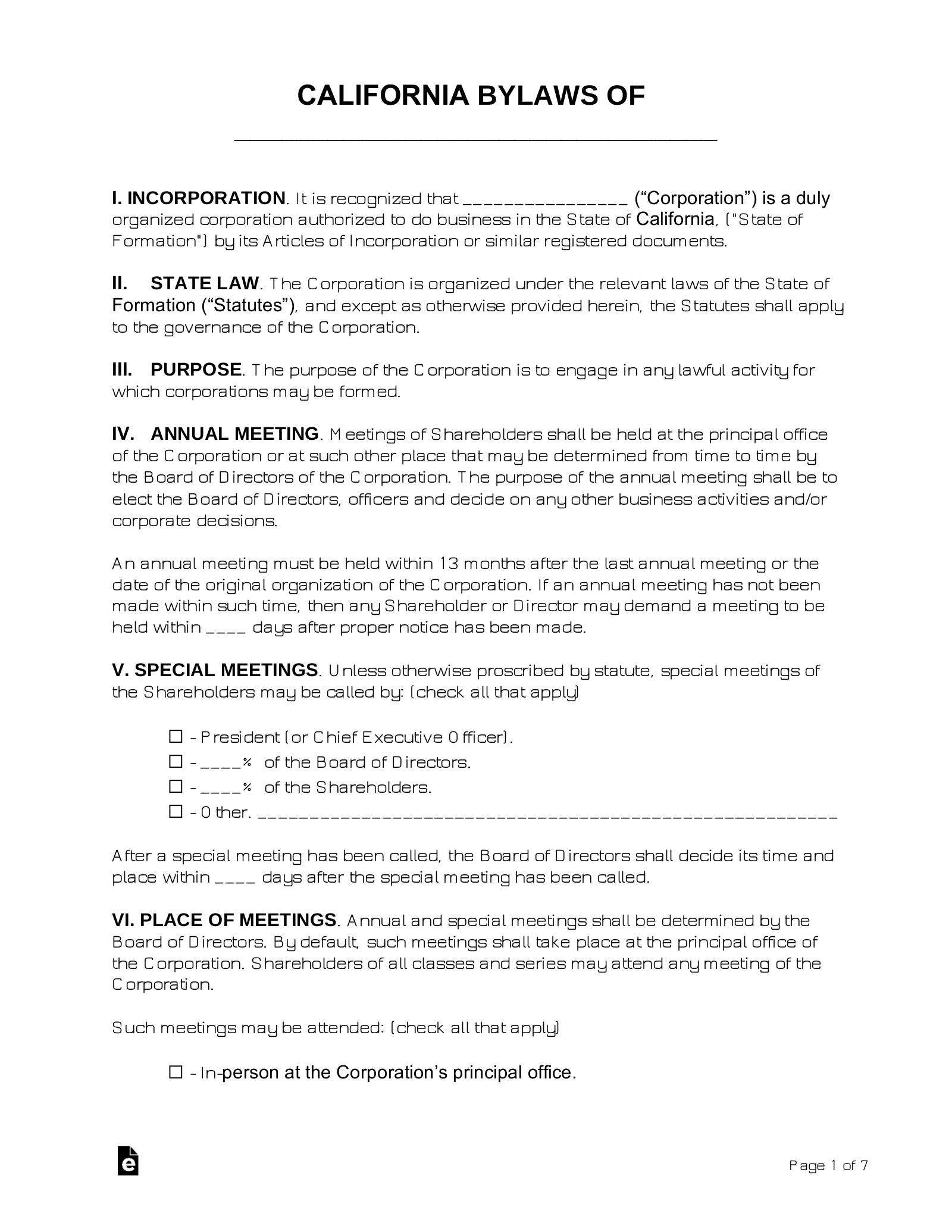 Free California Corporate Bylaws Template - Pdf | Word – Eforms with Free Bylaws Sample Template