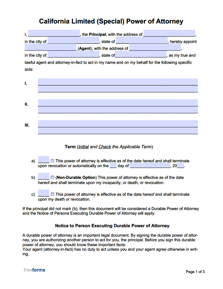 Free California Limited (Special) Power Of Attorney Form | Pdf | Word for Special Power Of Attorney Sample Template