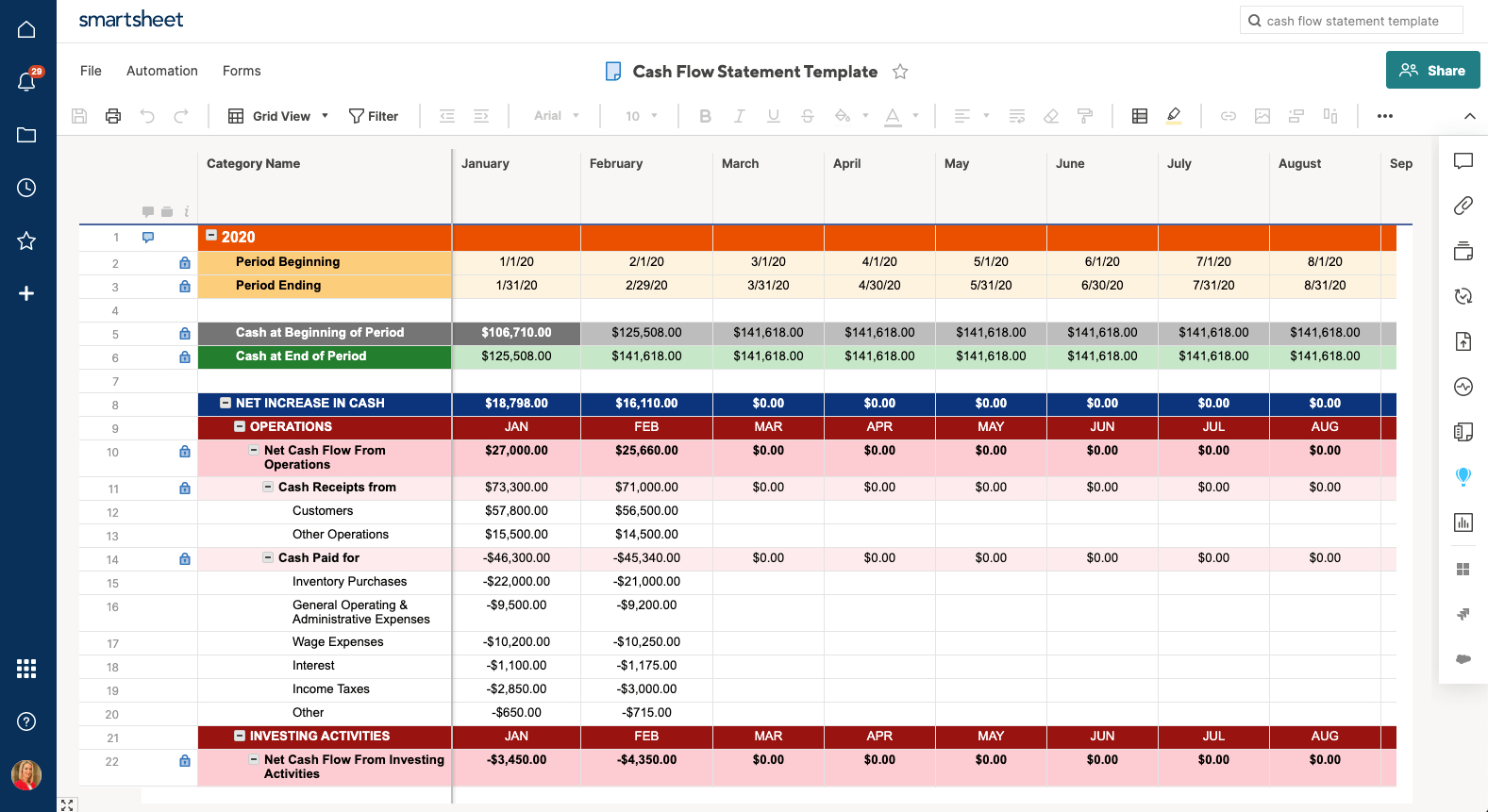 Free Cash Flow Statement Templates | Smartsheet throughout Cash Flow Sample Template