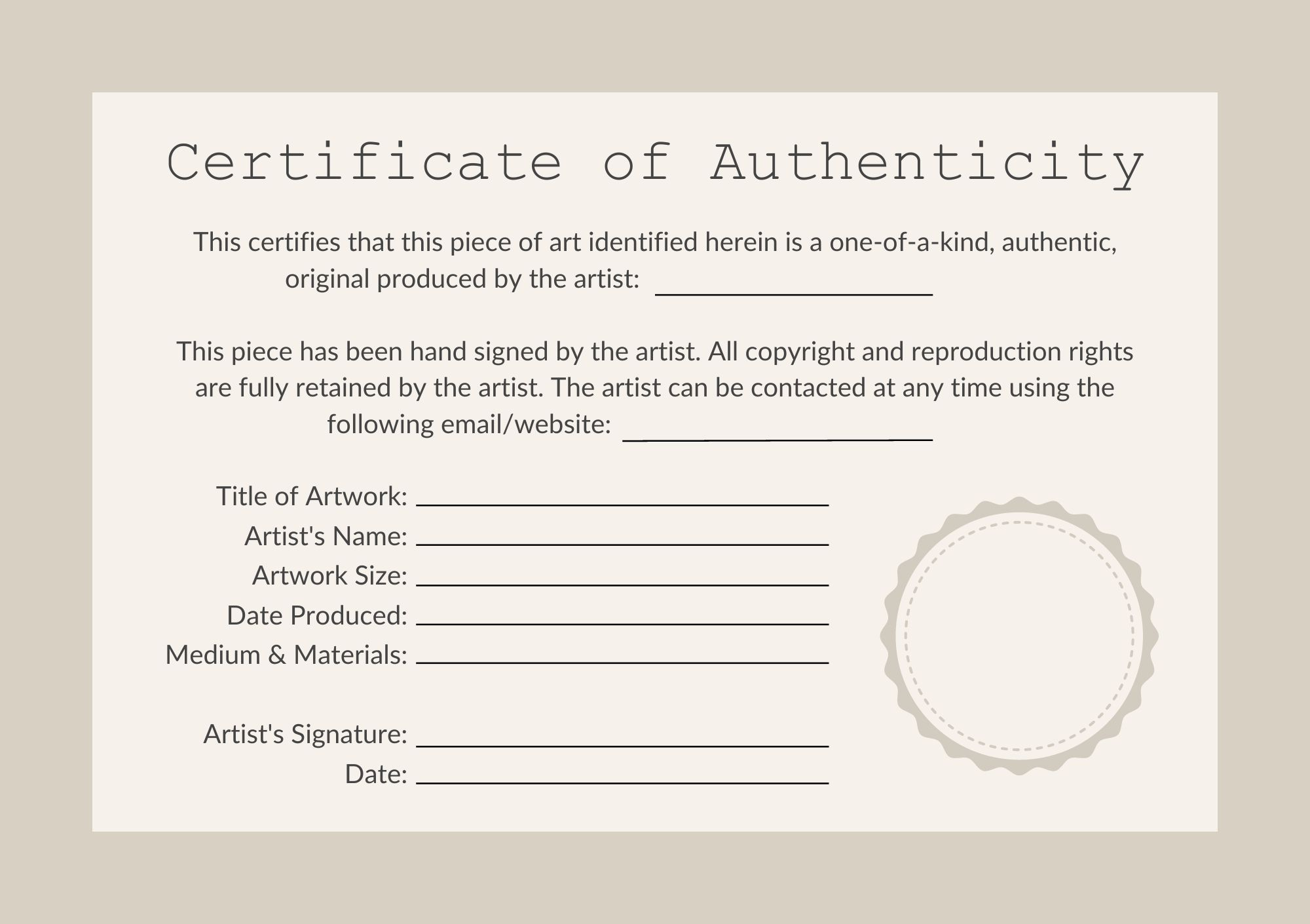 Free Certificate Of Authenticity Templates For Artwork for Certificate of Authenticity Sample Template