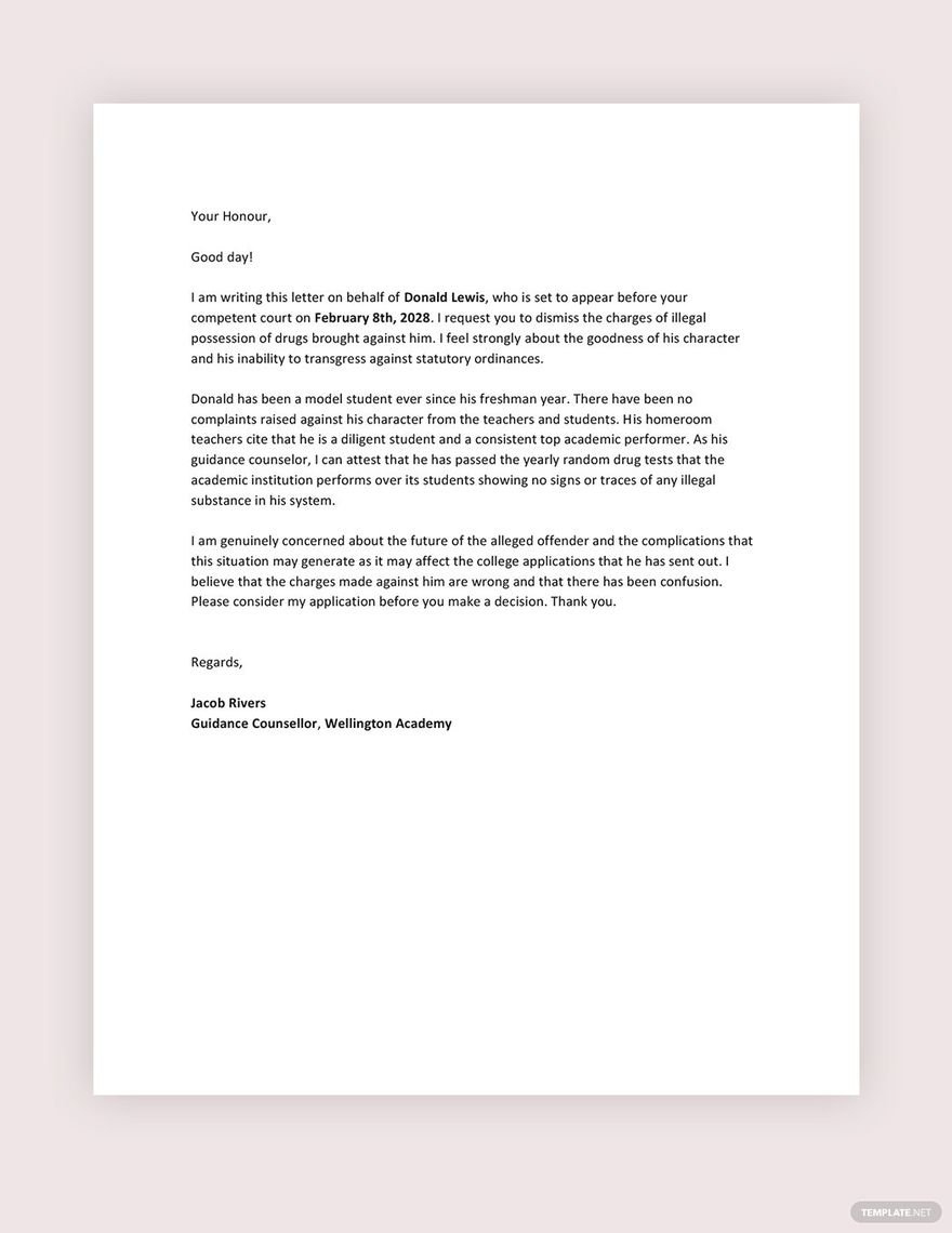 Free Character Reference Letter Templates - Download In Word for Character Letter to Judge Template Sample