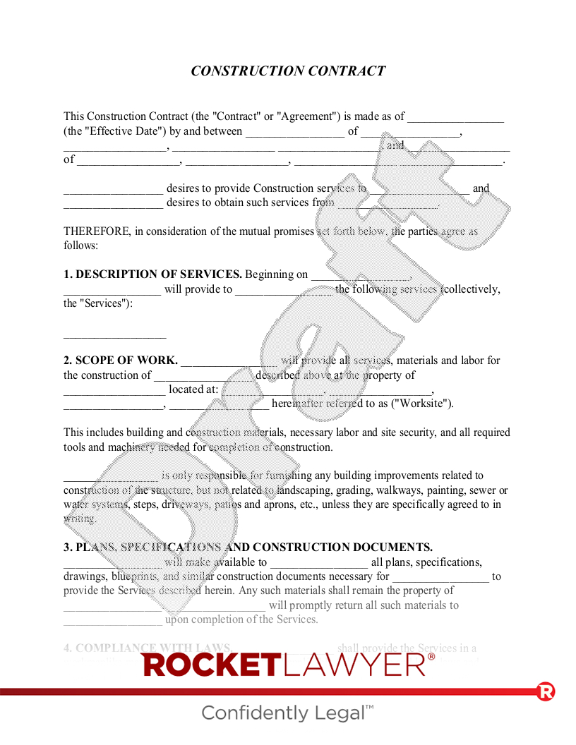 Free Construction Contract: Make, Sign &amp;amp; Download - Rocket Lawyer for Construction Contract Template Sample Free