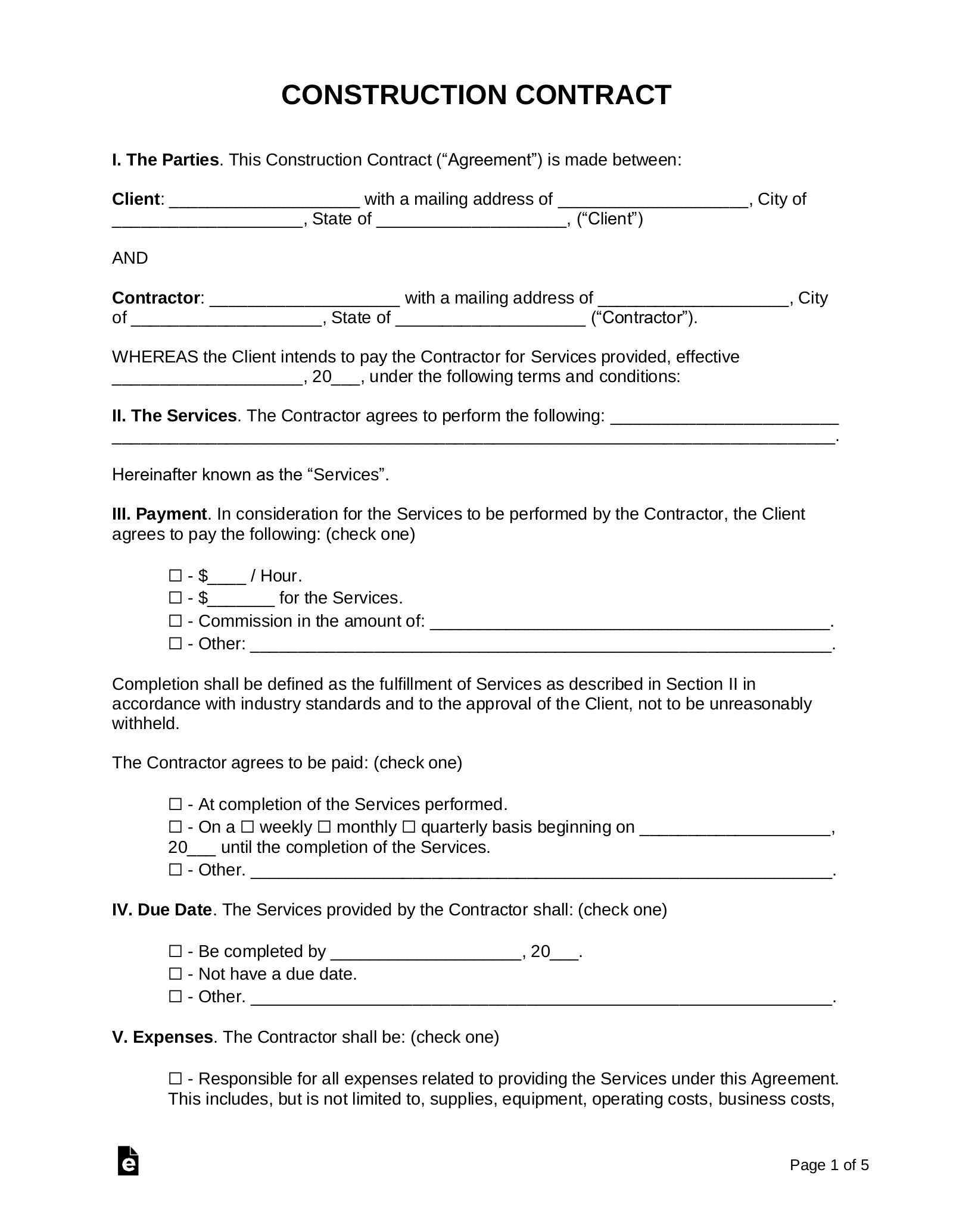 Free Construction Contract Template | Sample - Pdf | Word – Eforms throughout Construction Contract Template Sample