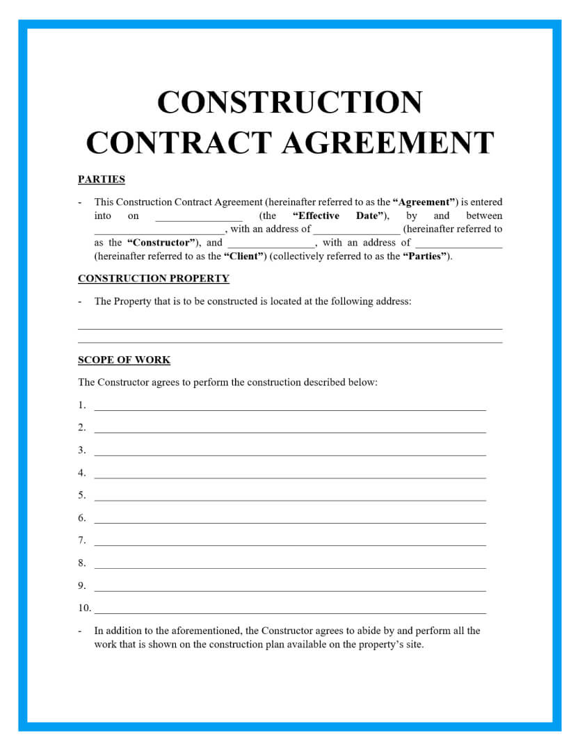 Free Construction Contracts Template for Contract Template Sample