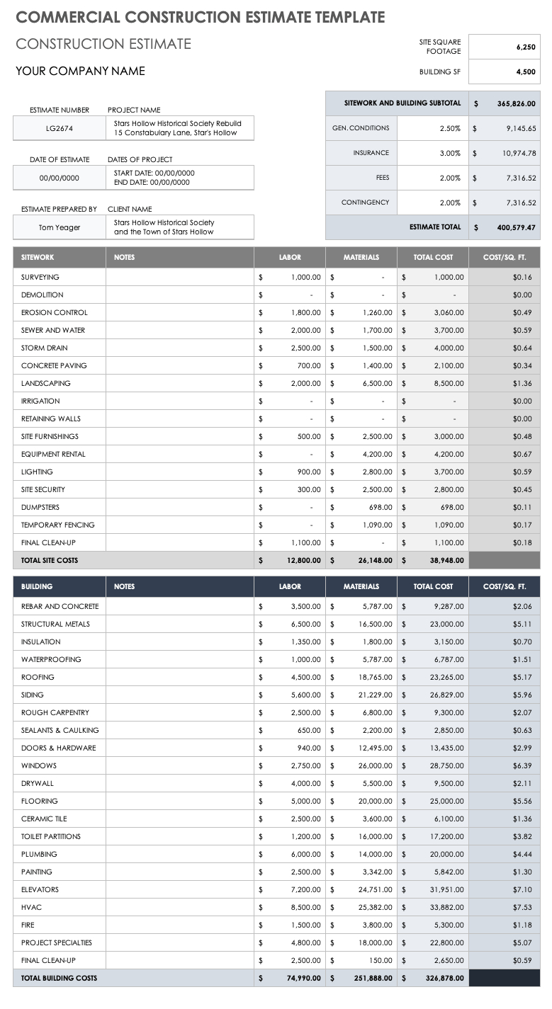 Free Construction Estimate Templates | Smartsheet intended for Construction Estimate Sample Template