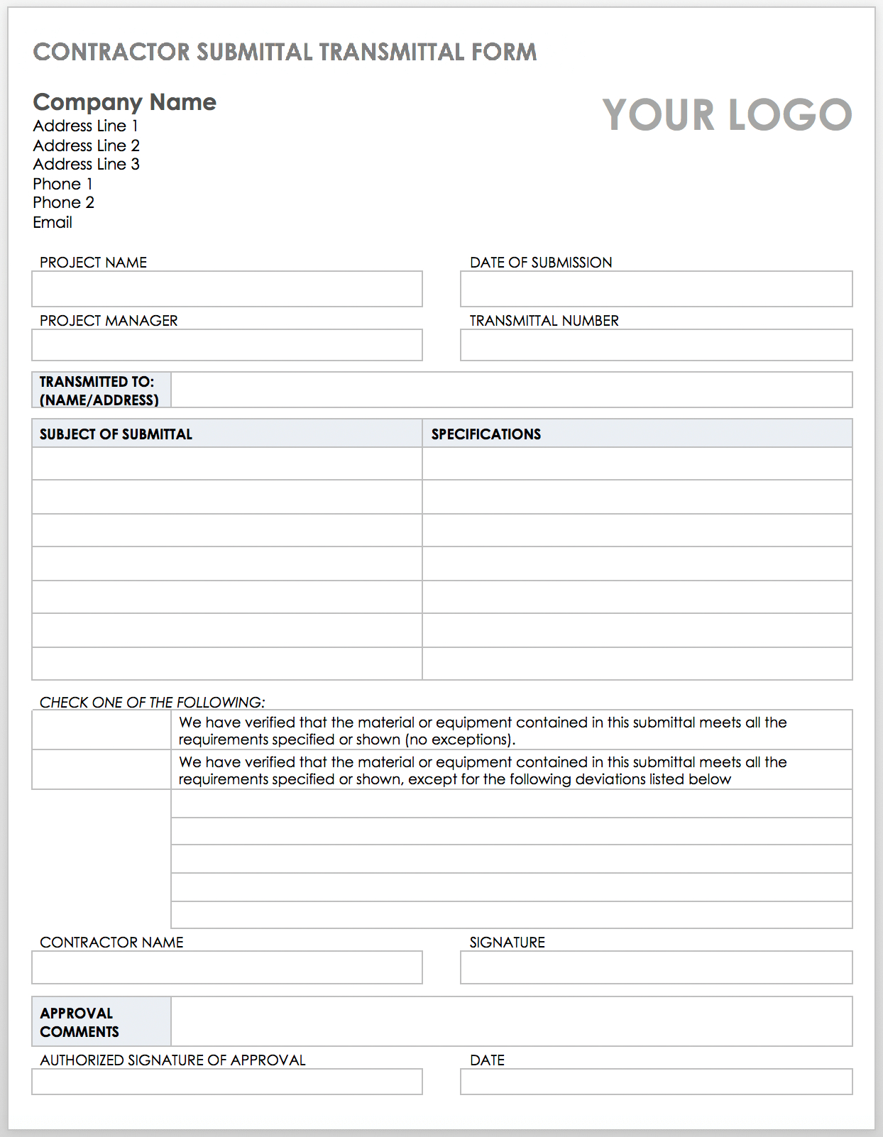 Free Construction Submittal Templates | Smartsheet with Transmittal Form Sample Template