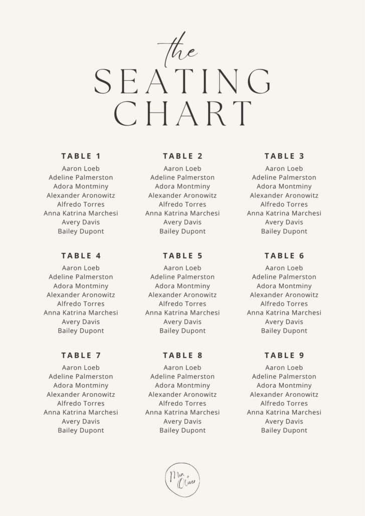 Wedding Seating Chart Template Sample