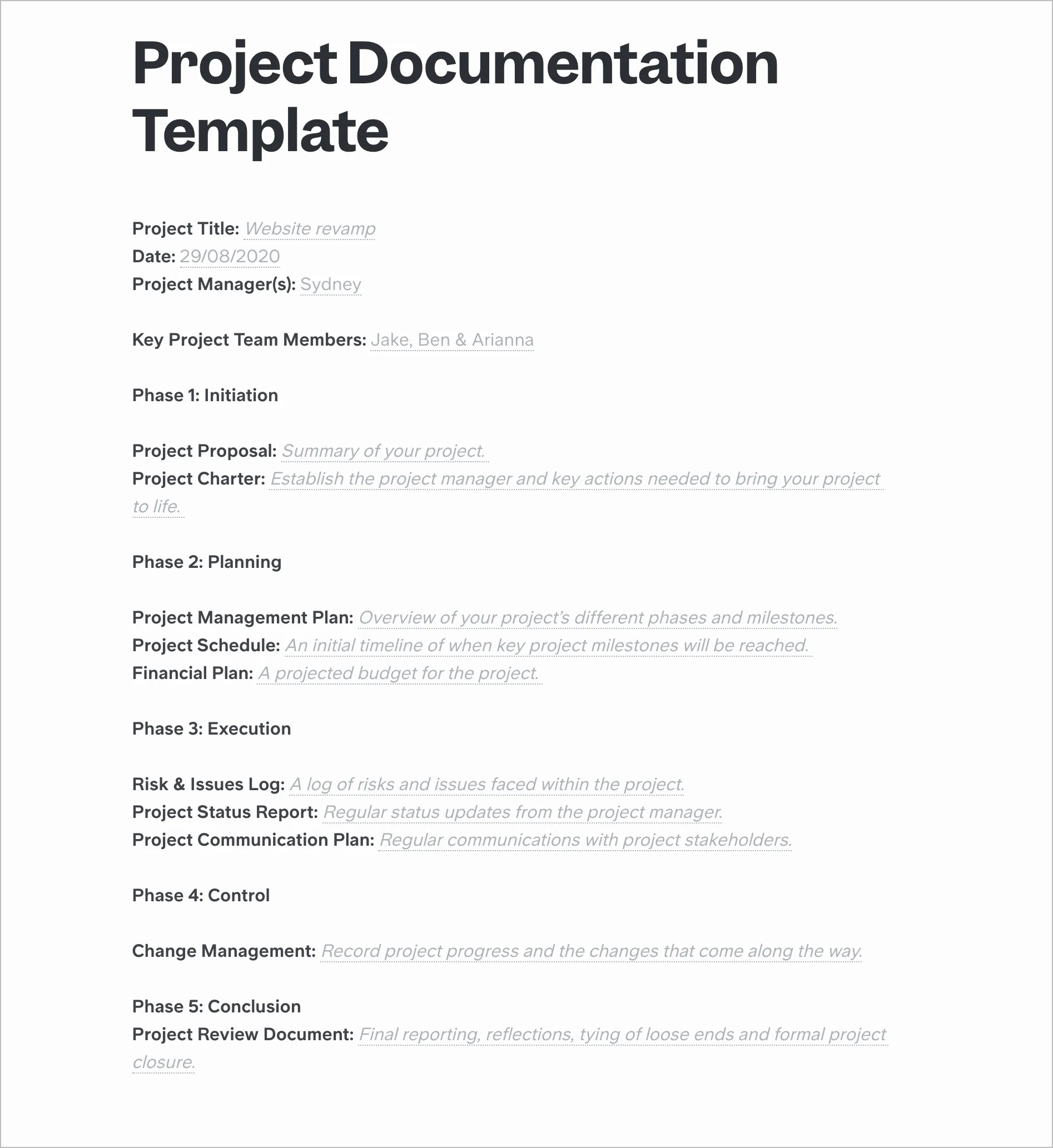 Free Customizable Project Documentation Templates intended for Documentation Sample Template