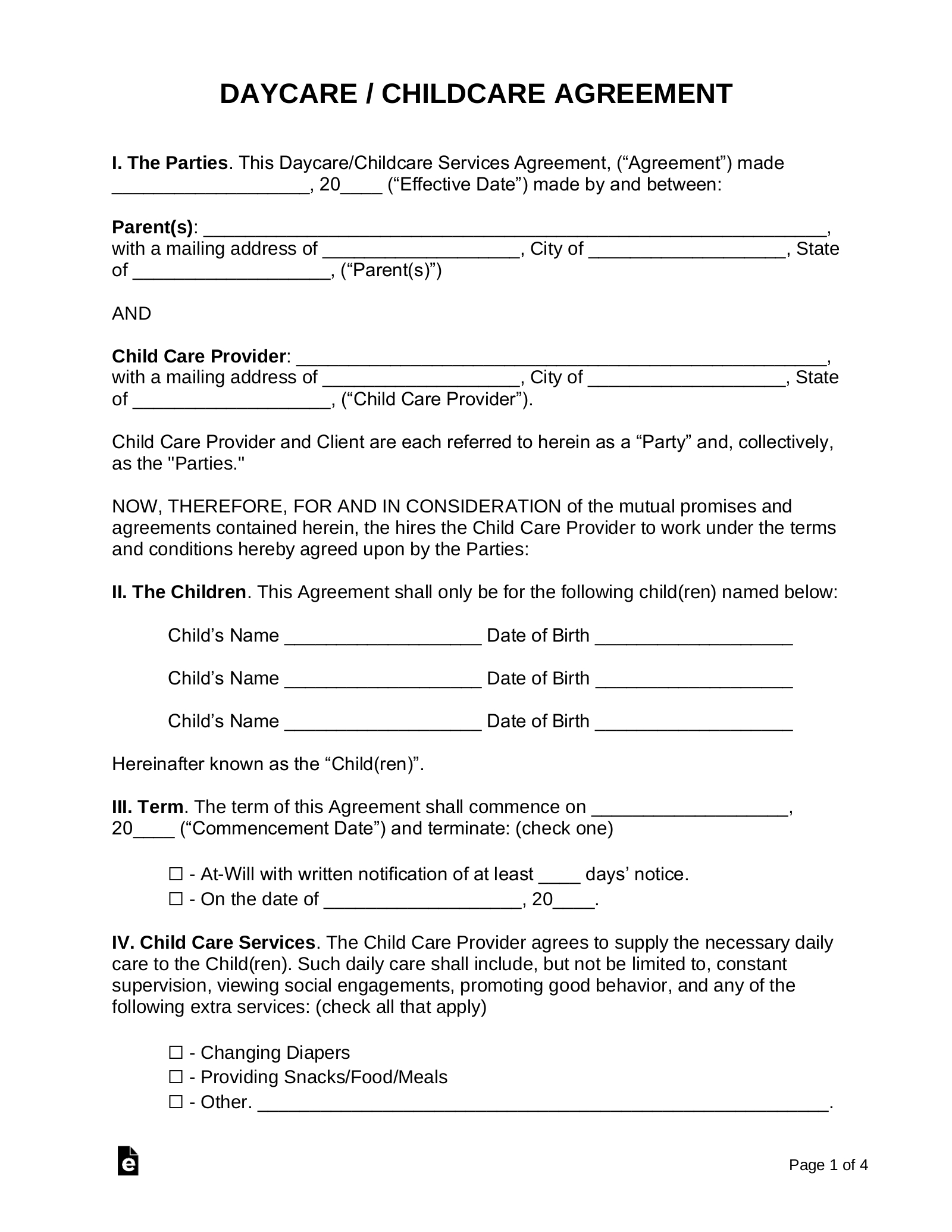 Free Daycare (Child Care) Contract Template - Pdf | Word – Eforms within Irs Sample Template For Childcare Providers