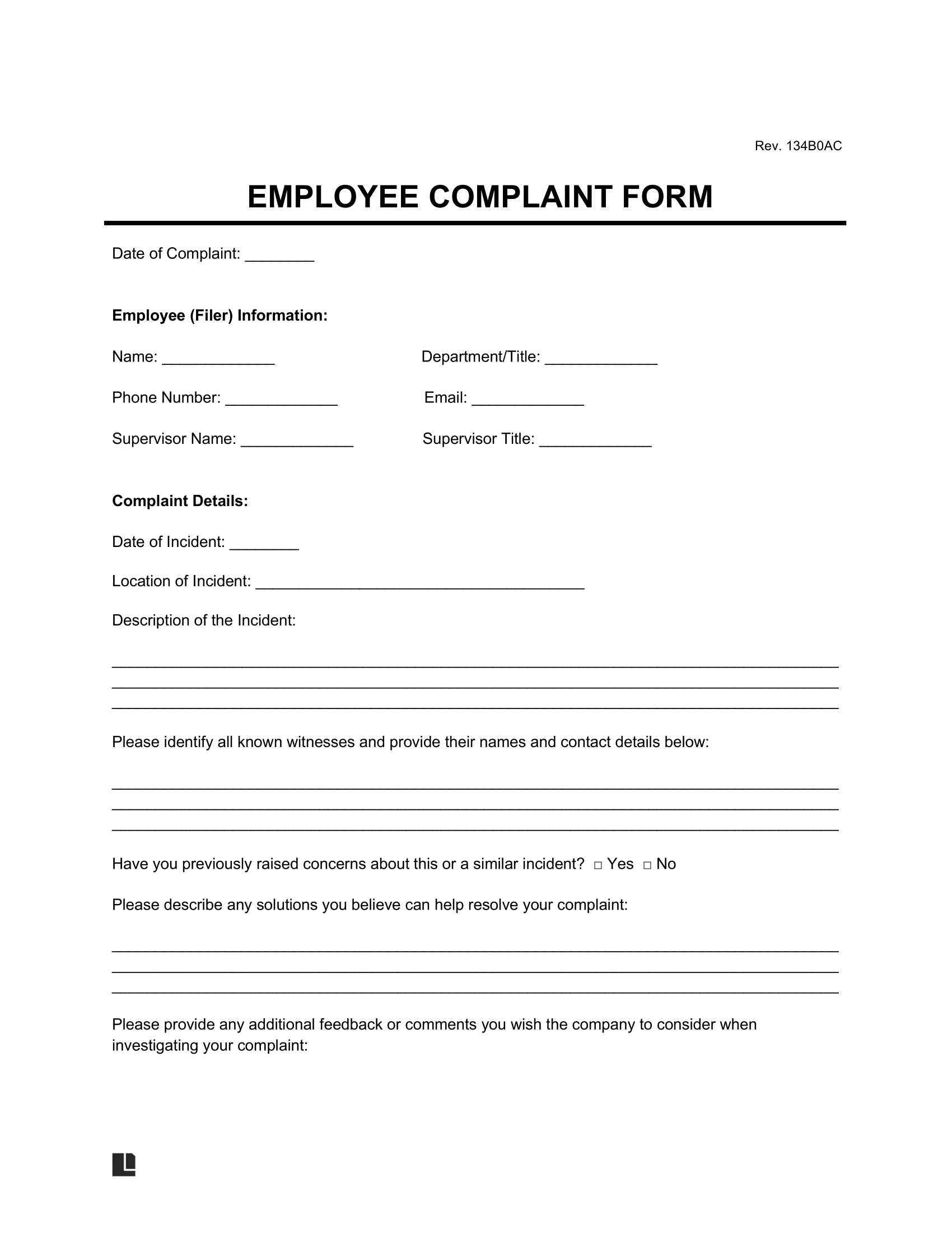 Free Employee Complaint Form | Pdf &amp;amp; Word | Legal Templates for Employee Complaint Form Sample Template