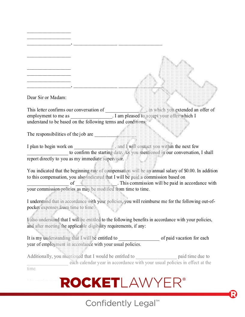 Free Employment Acceptance Letter Template - Rocket Lawyer pertaining to Job Acceptance Letter Sample Template