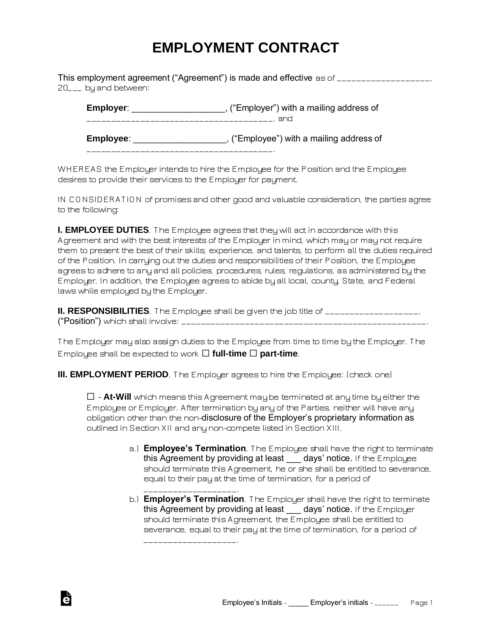 Free Employment Contract Templates - Pdf | Word – Eforms pertaining to Employment Contract Agreement Template Sample