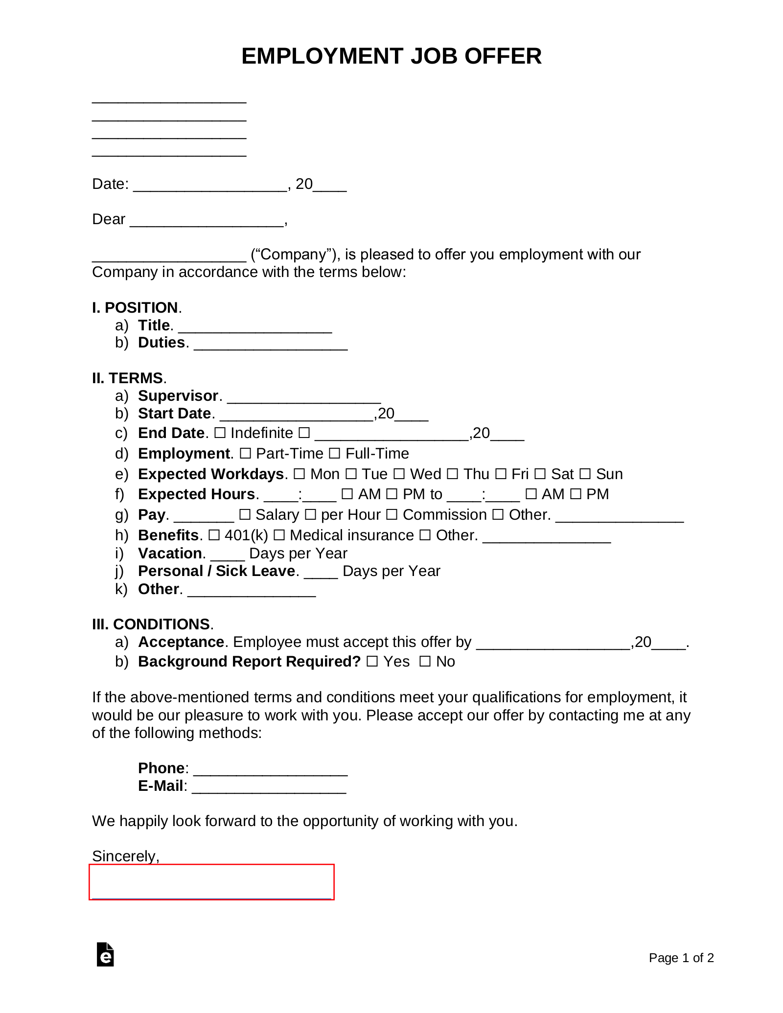 Free Employment Offer Letter Template | Sample - Pdf | Word – Eforms in Employment Offer Letter Template Sample