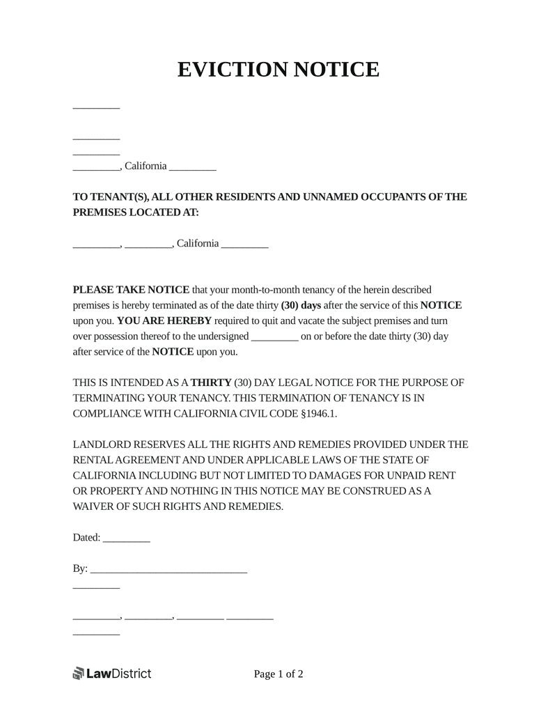 Free Eviction Notice Template | Pdf &amp;amp; Word Forms | Lawdistrict in Eviction Notice Sample Template