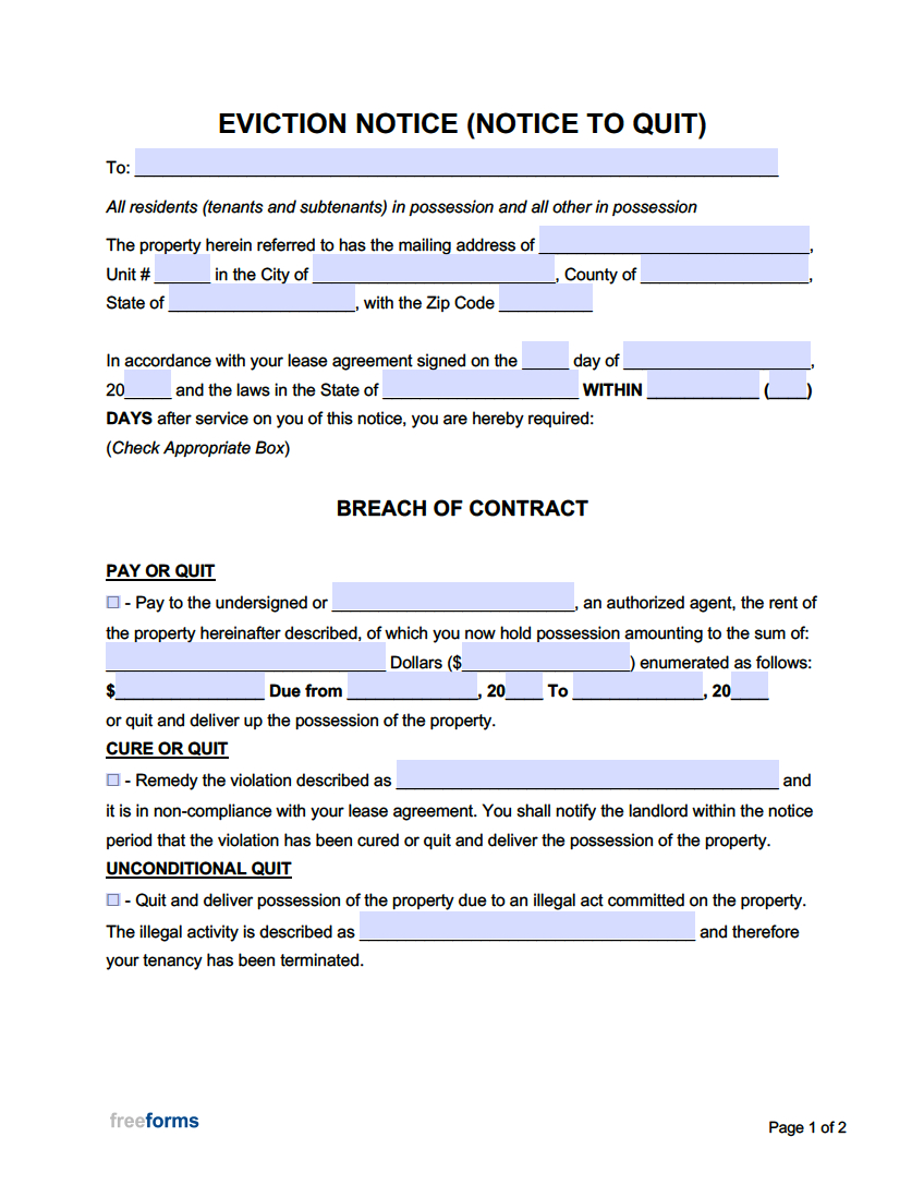 Free Eviction Notice Templates (Notices To Quit) | Pdf | Word for Eviction Notice Sample Template