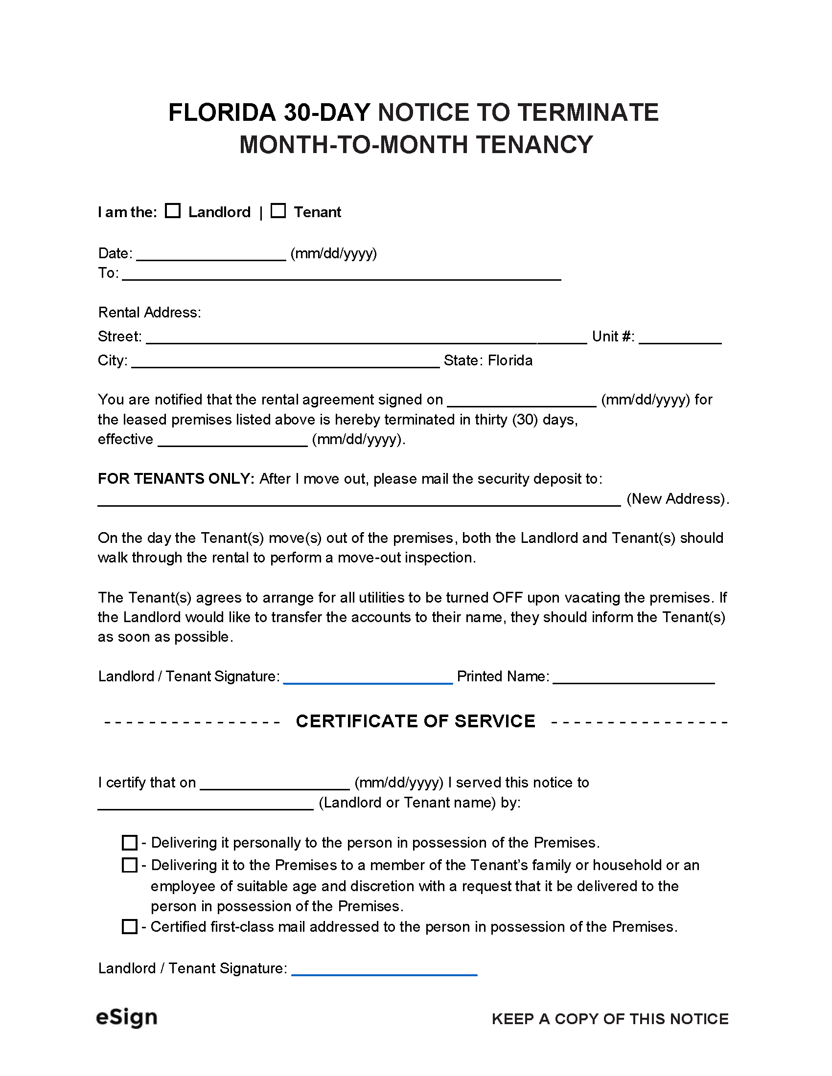 Free Florida 30-Day Notice To Quit | Lease Termination Letter intended for 30-Day Notice to Landlord Template Sample