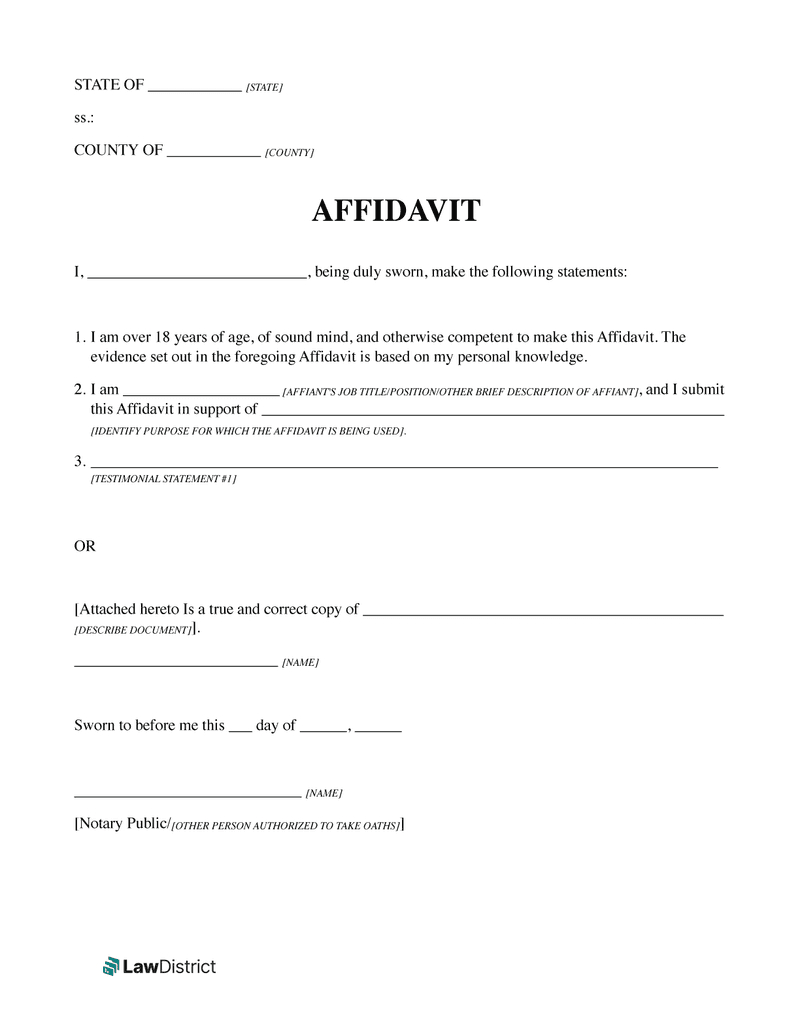 Free General Affidavit Form &amp;amp; Template | Pdf &amp;amp; Word | Lawdistrict intended for Affidavit Sample Template