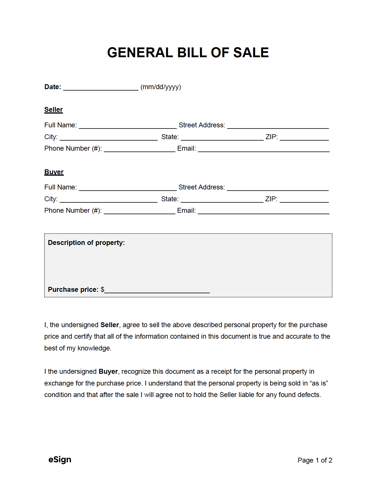 Free General Bill Of Sale Form | Pdf | Word regarding Bill Of Sale Sample Template