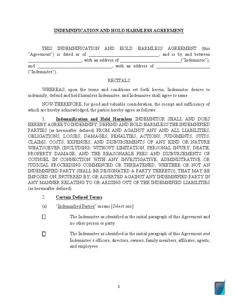 Free Hold Harmless Agreement Form (Printable Pdf Template) intended for Hold Harmless Agreement Template Sample